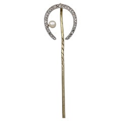 Used Victorian 18 Karat Gold Pearl Rose Cut Diamond Horse Shoe Stick Pin Brooch