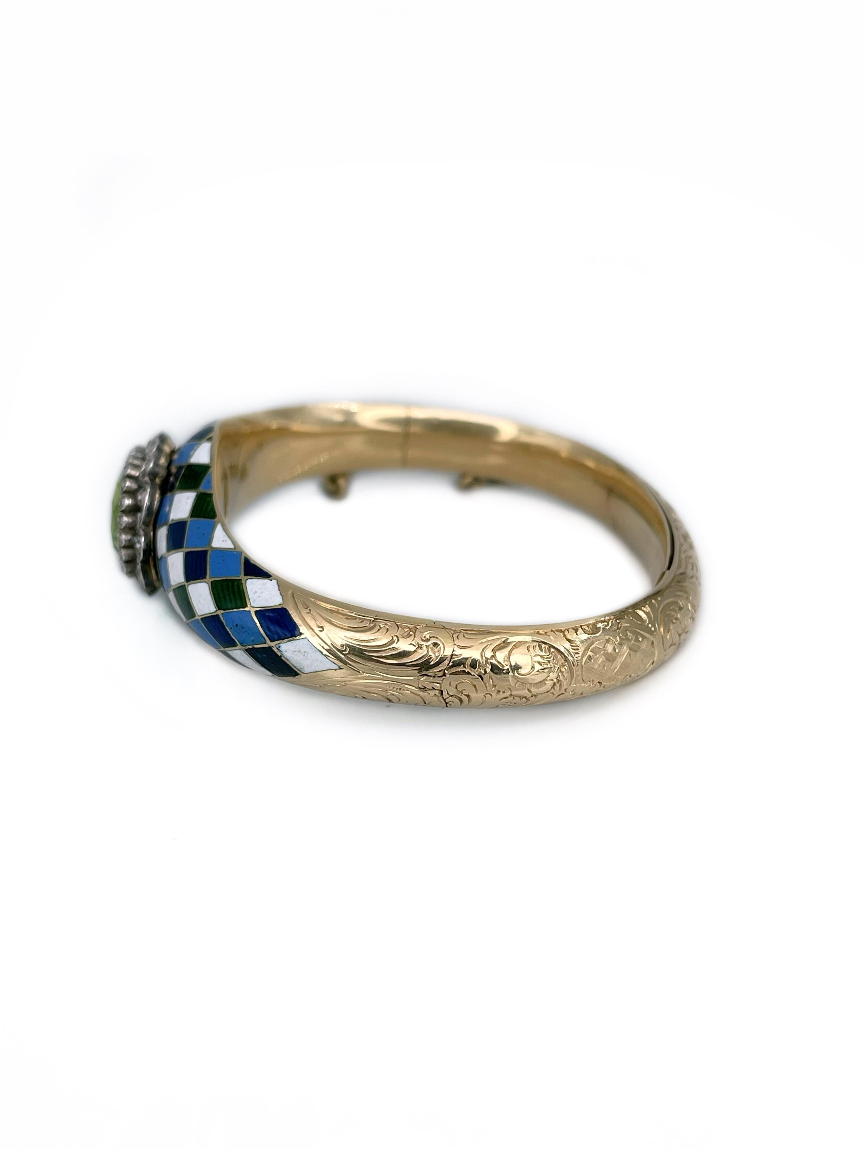 Viktorianisches Secret Space-Armband aus 18 Karat Gold mit Peridot und Diamant in bunter Emaille (Gemischter Schliff)