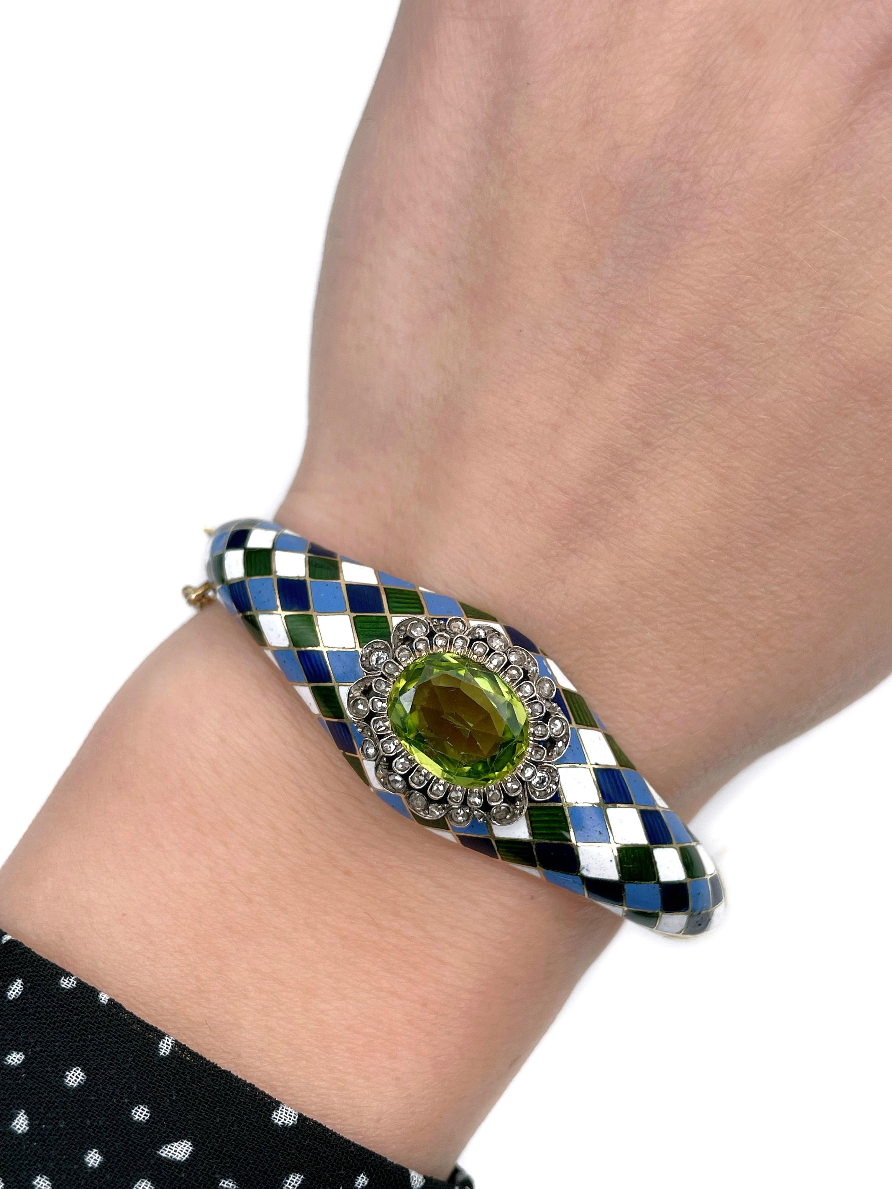 Taille mixte Bracelet secret de l'époque victorienne en or 18 carats, péridot, diamant et émail coloré