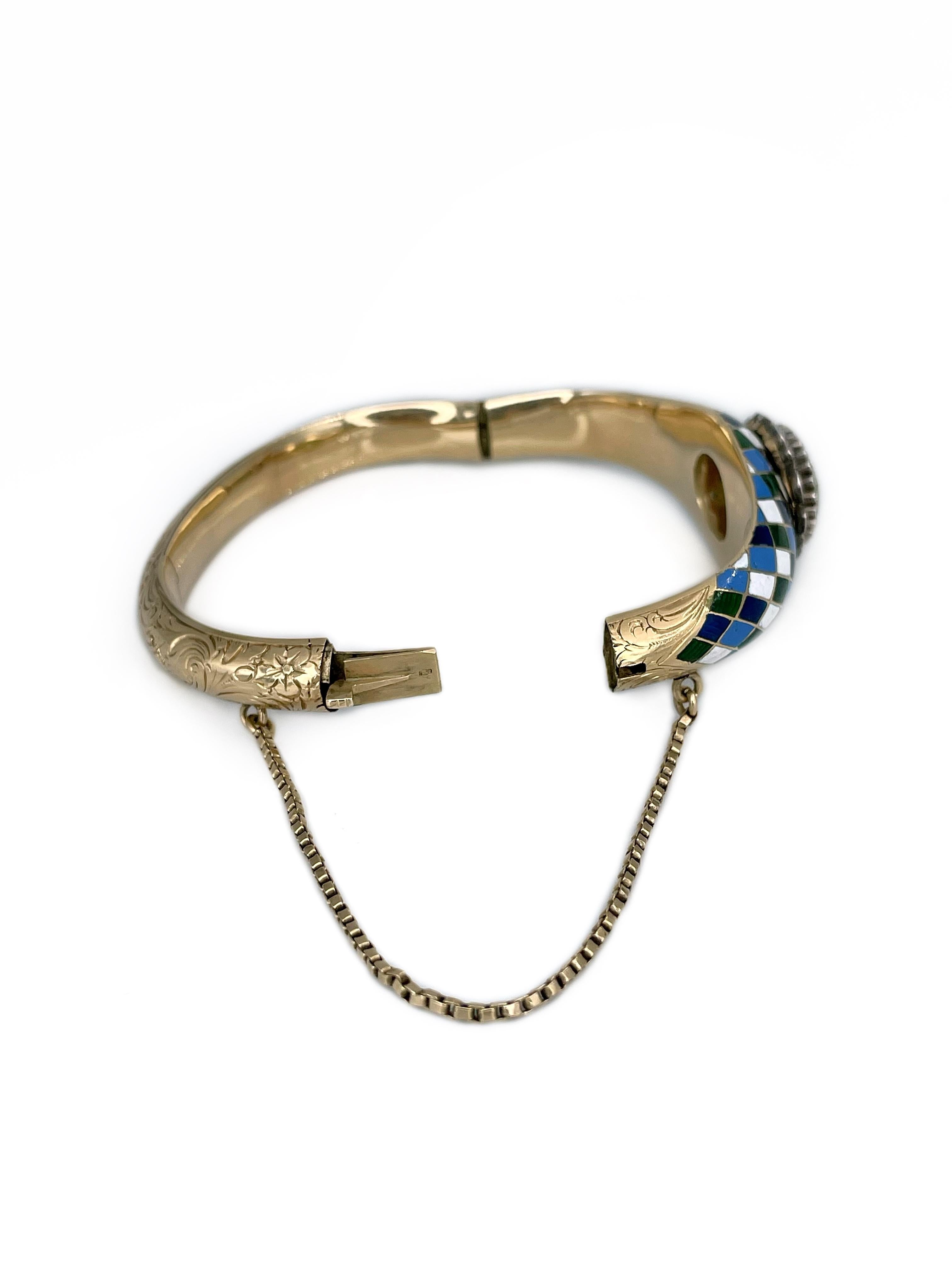 Victorian 18 Karat Gold Peridot Diamond Colourful Enamel Secret Space Bracelet In Good Condition For Sale In Vilnius, LT