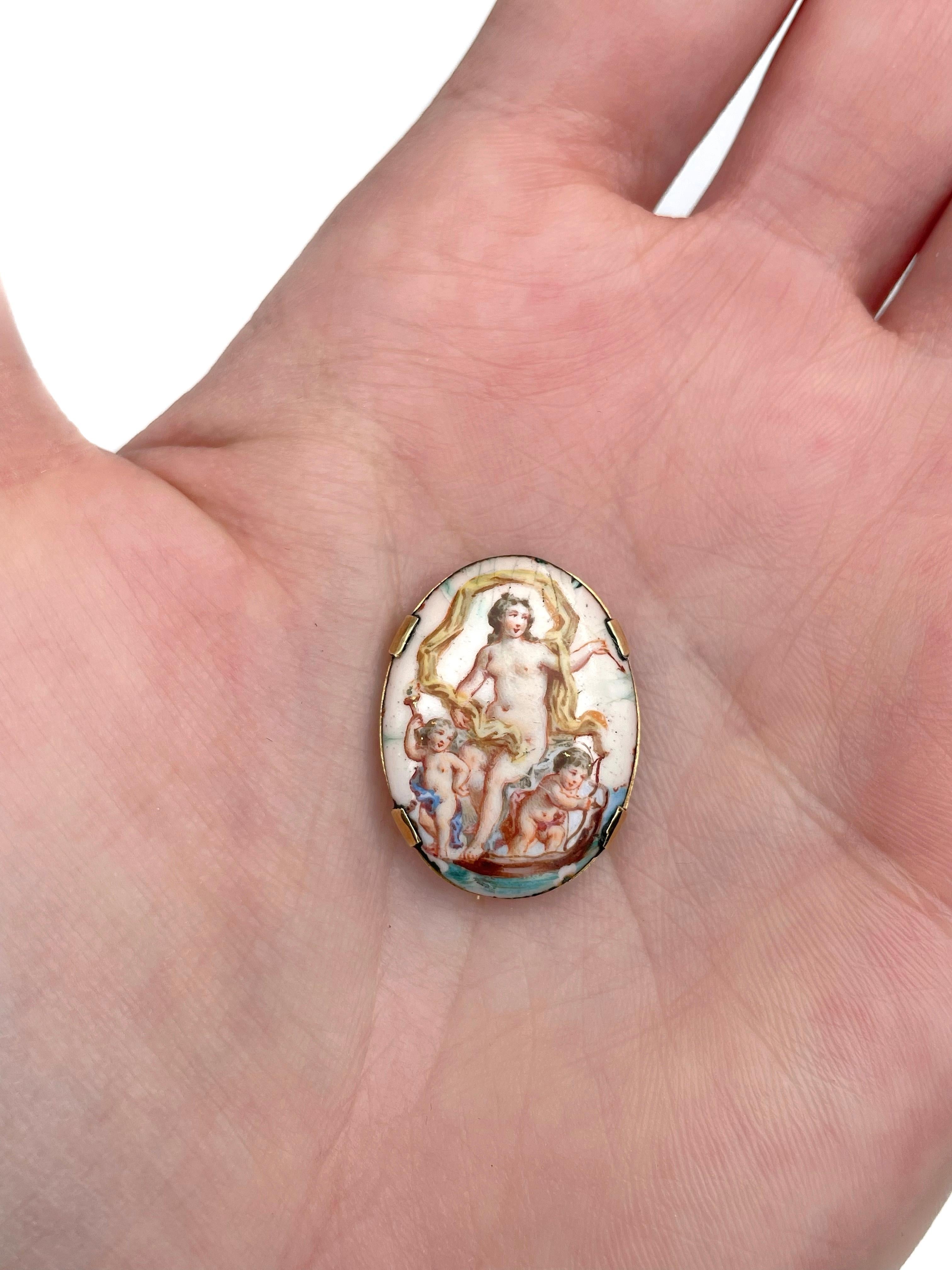 This is a small oval pin brooch crafted in 18K yellow gold (needle - 14K gold). 

Circa 1880.

The piece features a miniature painting depicting a lady with two angels. It is hand painted on a porcelain.


Weight: 3.94g
Size: 2.3x1.8cm

———

If you