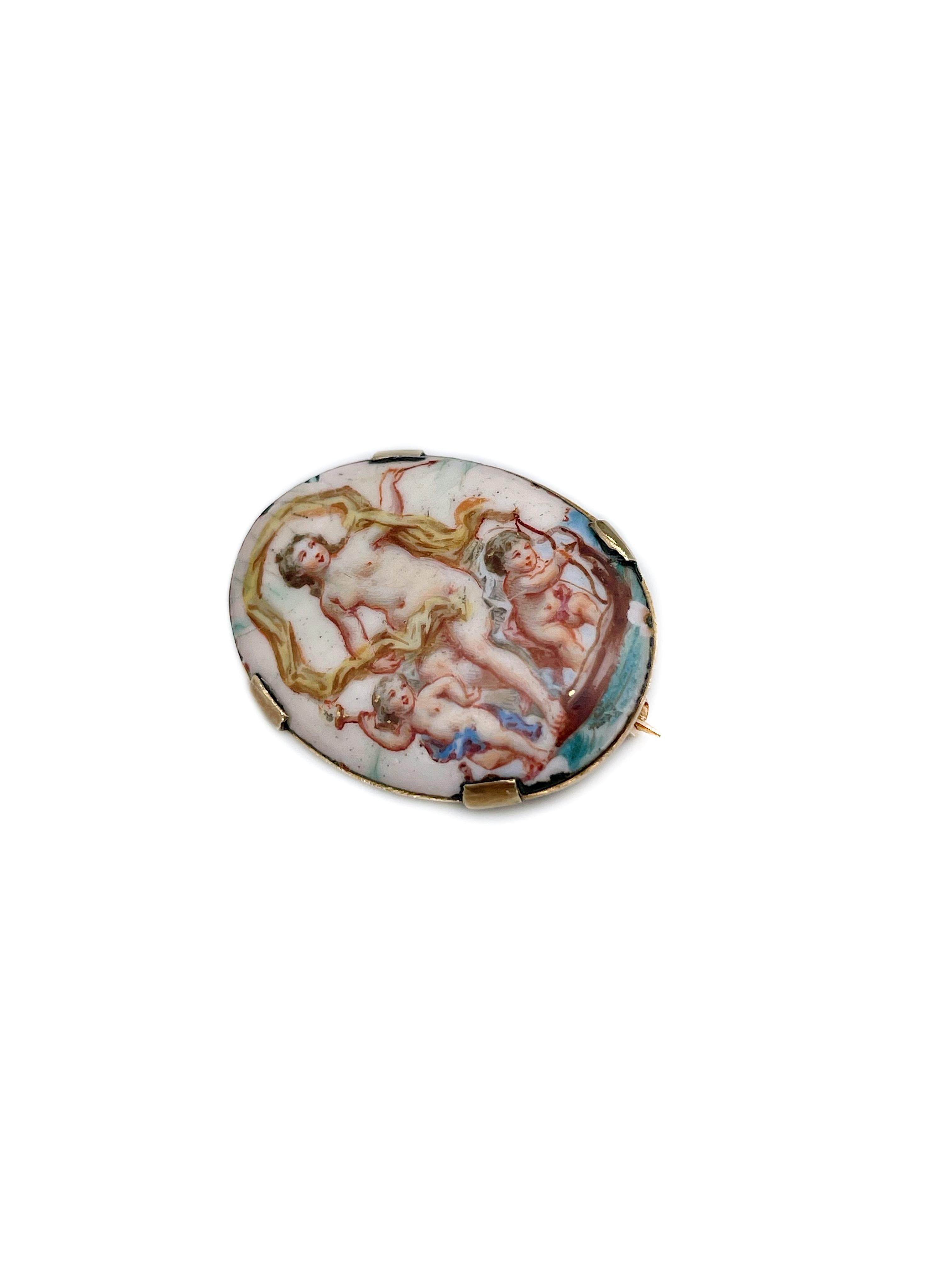 Victorian 18 Karat Gold Porcelain Miniature Painting Oval Small Pin Brooch In Good Condition For Sale In Vilnius, LT