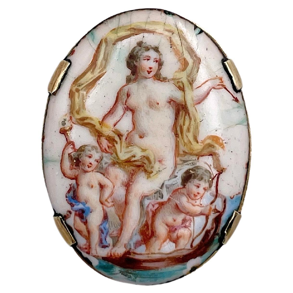 Victorian 18 Karat Gold Porcelain Miniature Painting Oval Small Pin Brooch For Sale