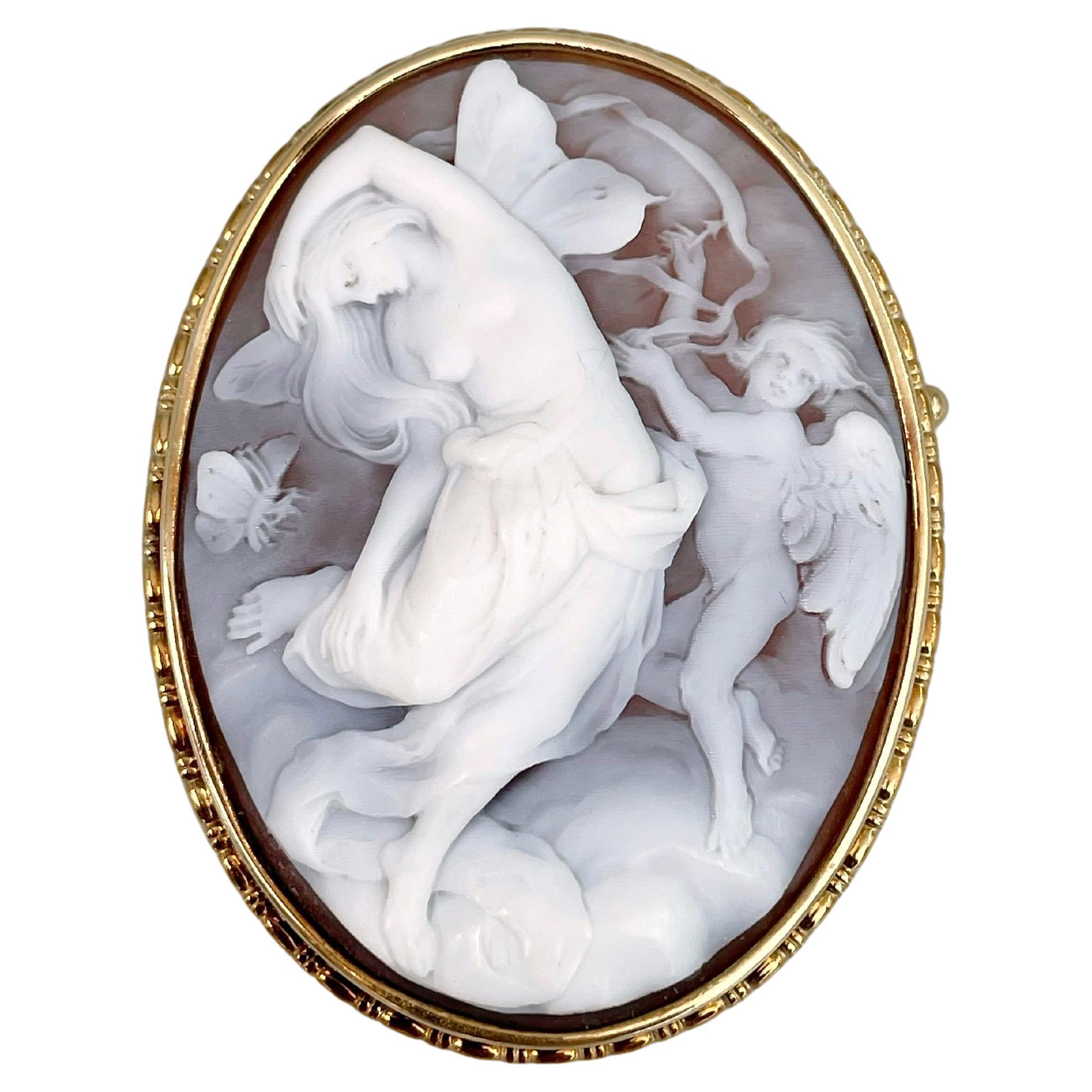 Victorian 18 Karat Gold Psyche And Cupid Shell Cameo Pin Brooch