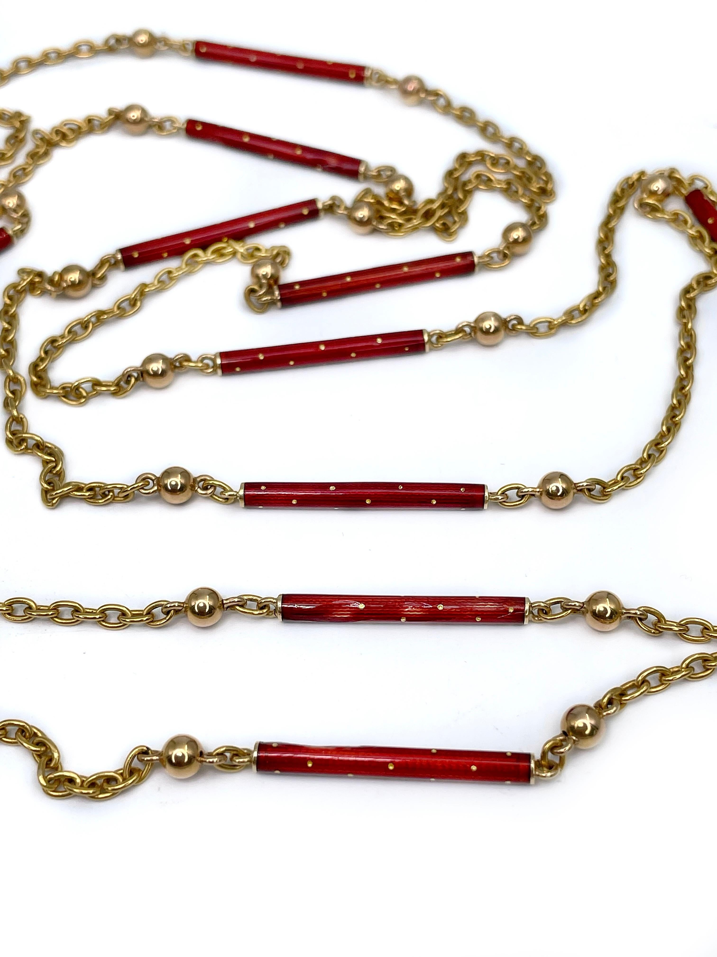 Victorian 18 Karat Gold Red Enamel Barrel Long Chain Necklace In Good Condition In Vilnius, LT