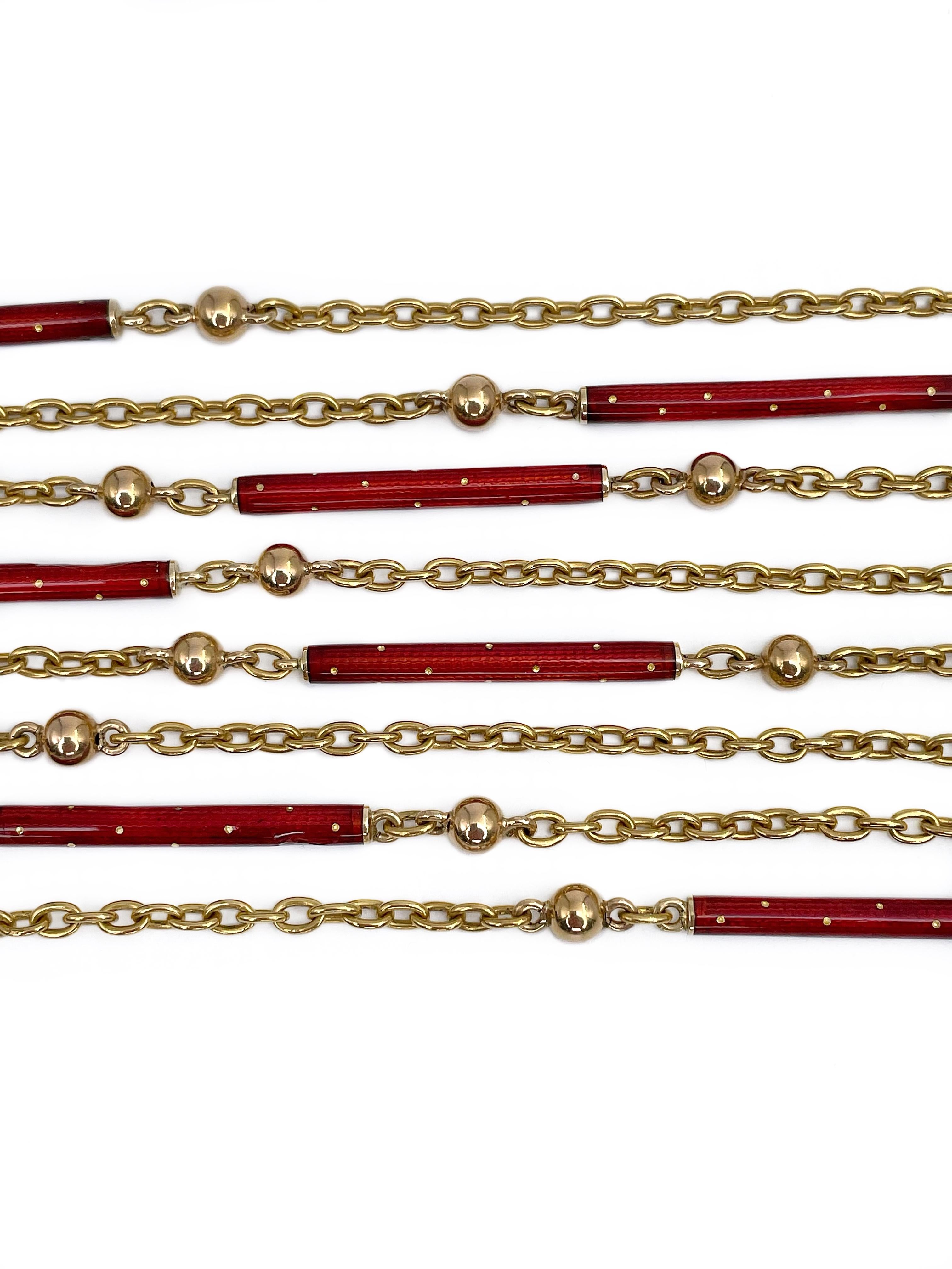 Victorian 18 Karat Gold Red Enamel Barrel Long Chain Necklace 1