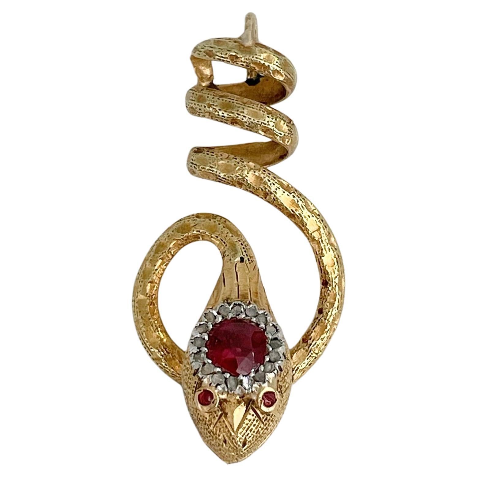 Victorian 18 Karat Gold Red Paste Rose Cut Diamond Snake Pendant