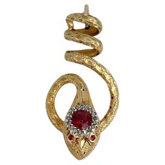 Victorian 18 Karat Gold Red Paste Rose Cut Diamond Snake Pendant