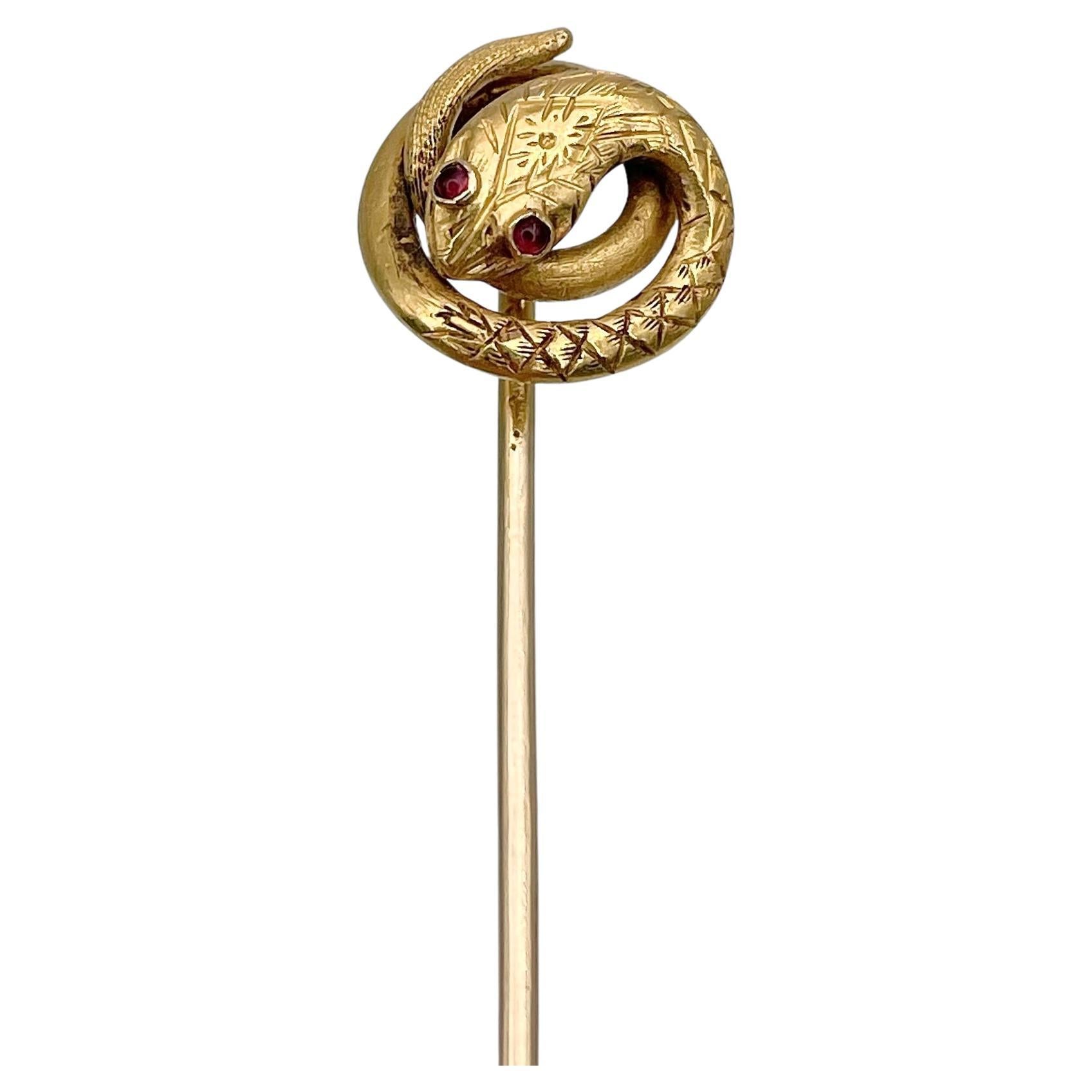 Victorian 18 Karat Gold Red Paste Snake Stick Pin Brooch