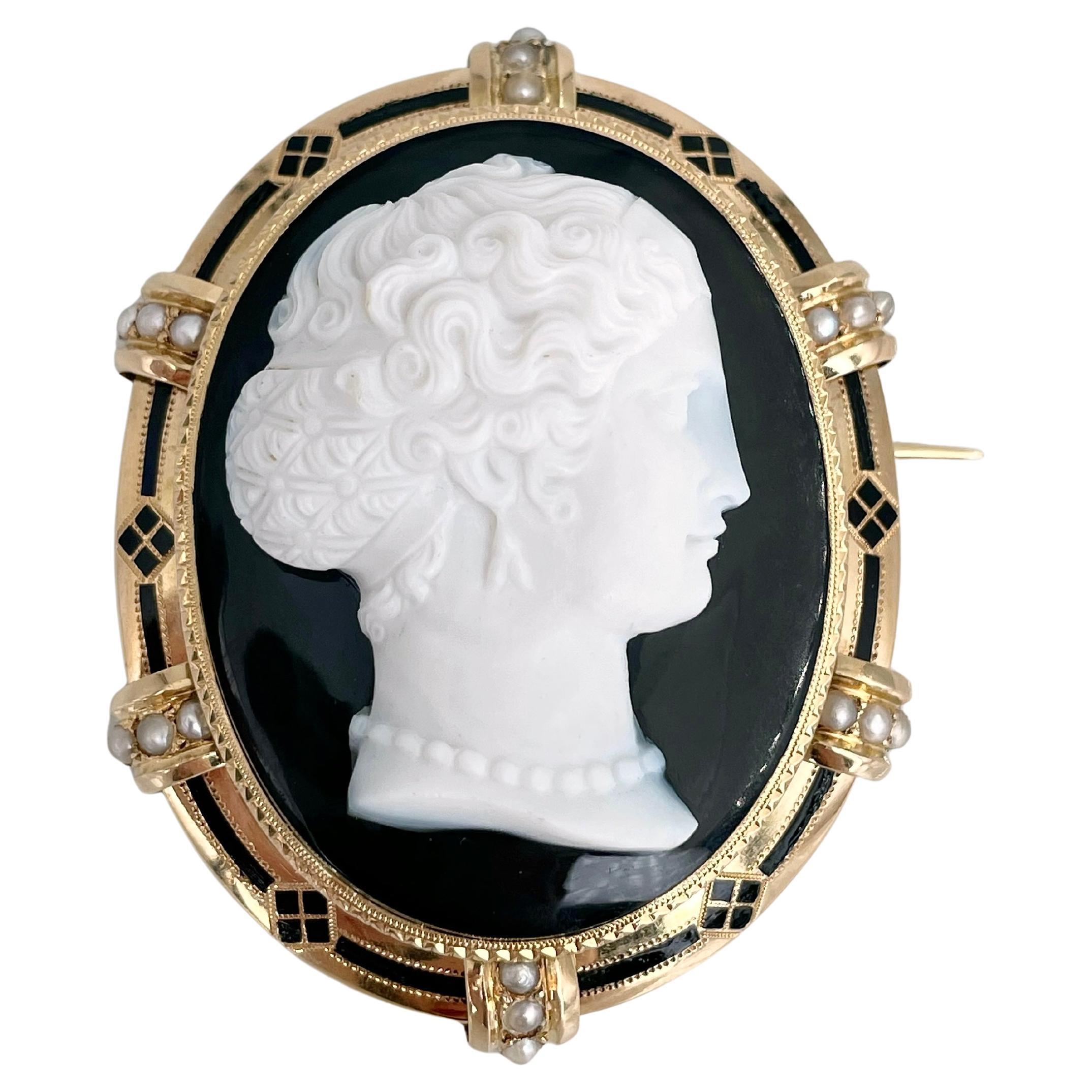 Victorian 18 Karat Gold Right Facing Lady Chalcedony Cameo Large Pin Brooch