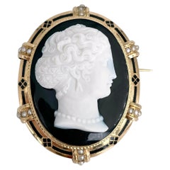 Victorian 18 Karat Gold Right Facing Lady Chalcedony Cameo Large Pin Brooch