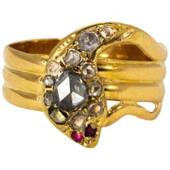 Victorian 18 Karat Gold Rose Cut Diamond and Ruby Snake Ring