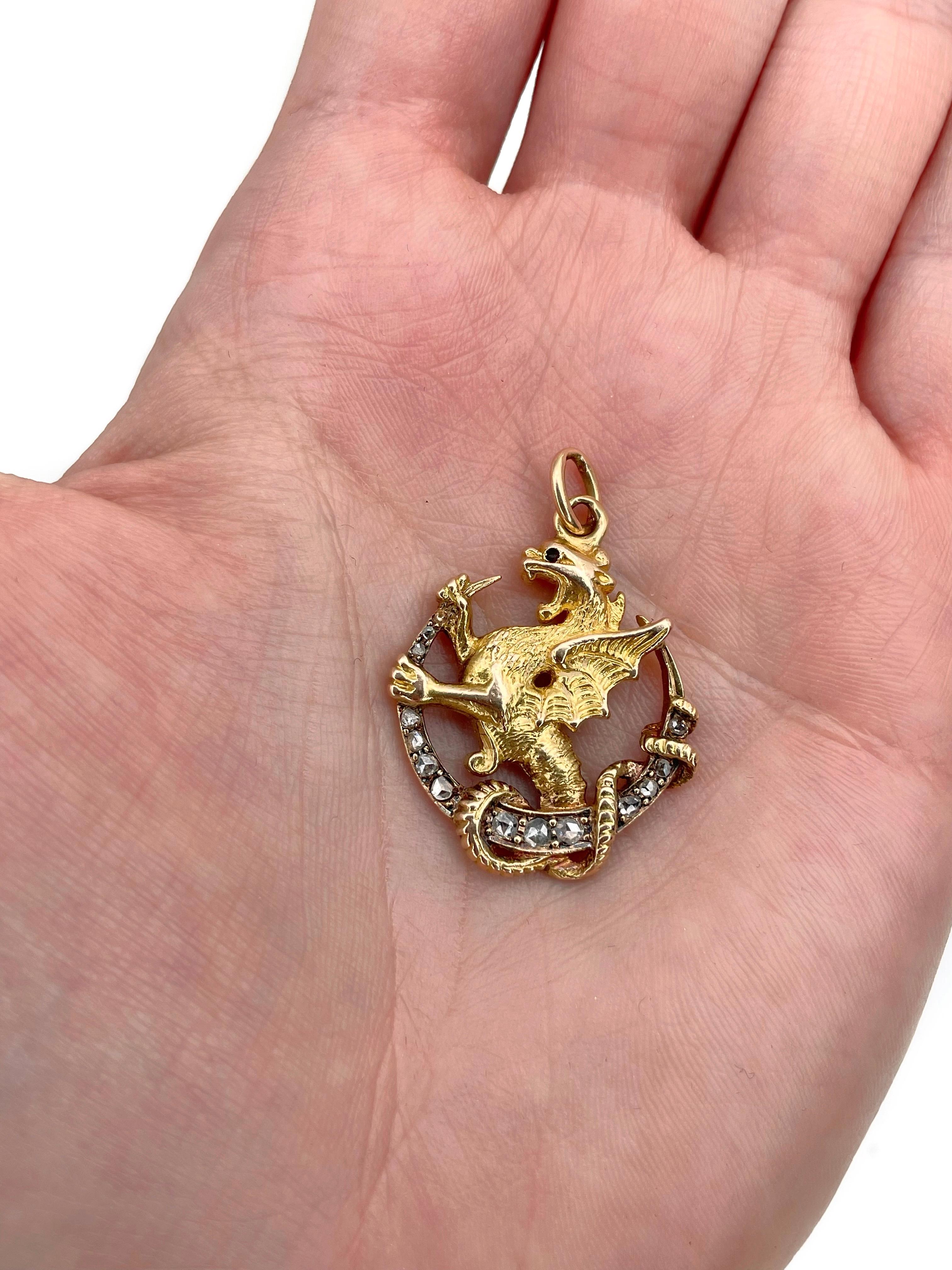 This is a Victorian chimera or dragon pendant. It is crafted in 18K gold. Circa 1890.

The piece features rose cut diamonds.

Weight: 9.48g
Size: 3.5x2.3cm

IMPORTANT: As a buyer, you are fully responsible for the customs duties, other local taxes
