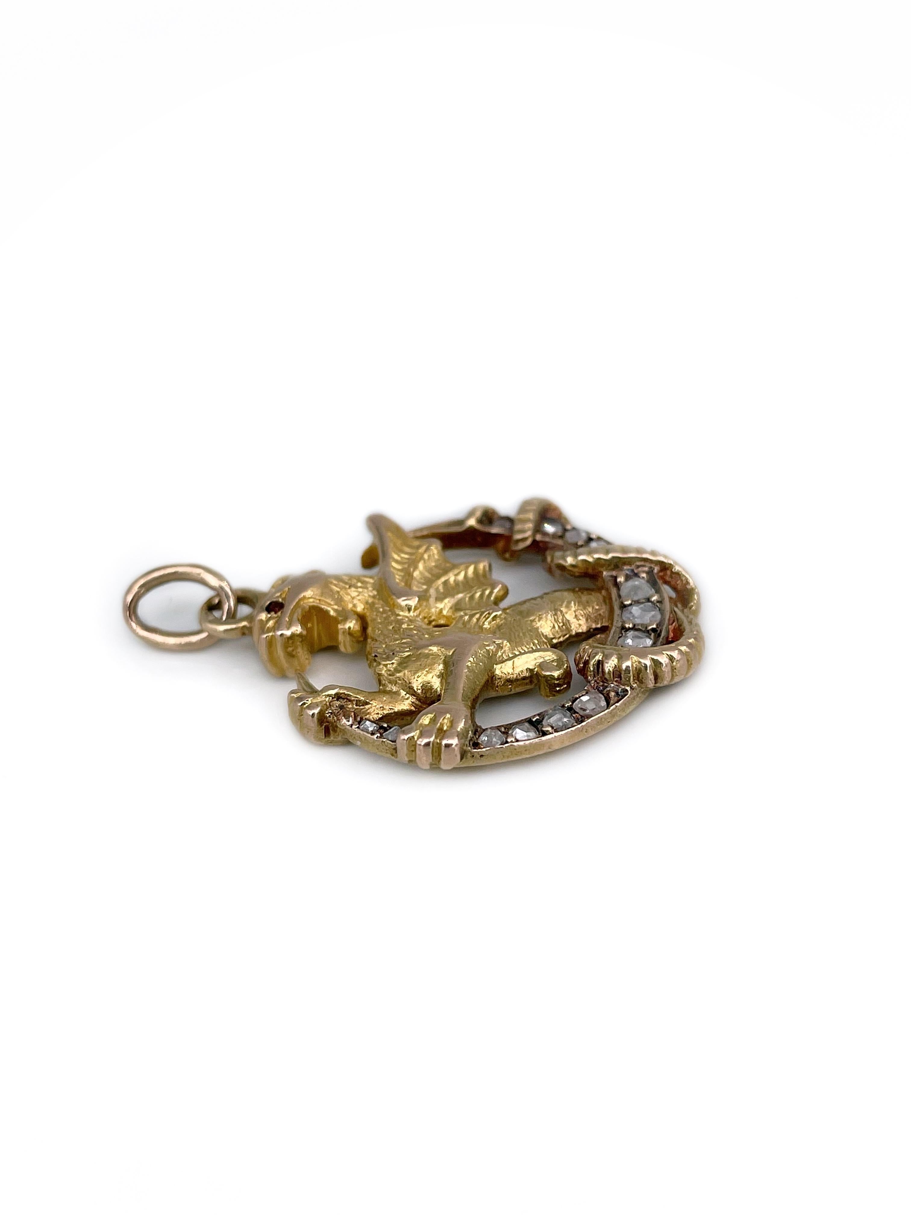 Victorian 18 Karat Gold Rose Cut Diamond Chimera Dragon Pendant In Good Condition In Vilnius, Vilniaus apskr.