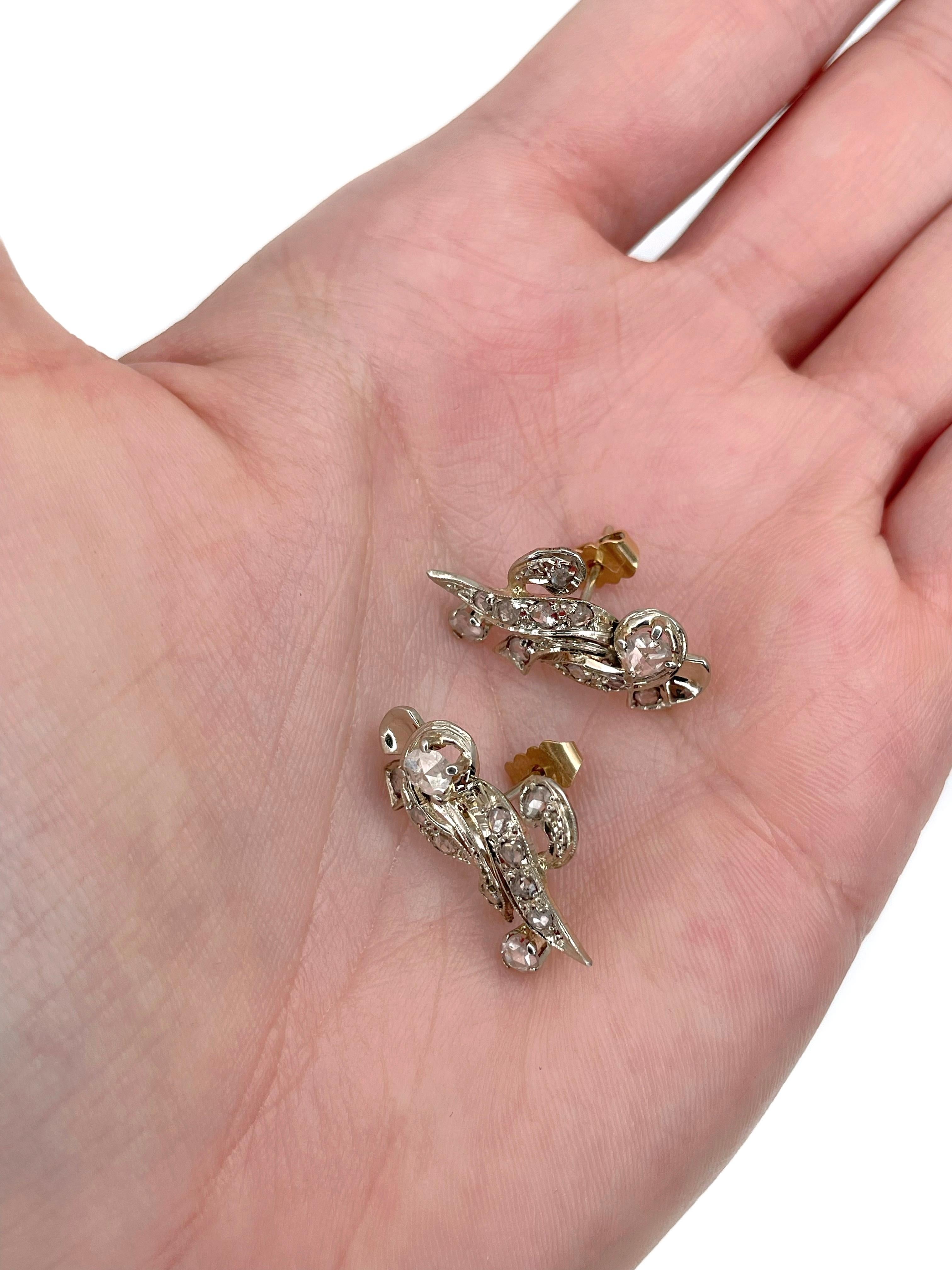 Viktorianische florale Ohrstecker aus 18 Karat Gold TW 0,50 Karat Diamant im Rosenschliff im Zustand „Gut“ in Vilnius, Vilniaus apskr.