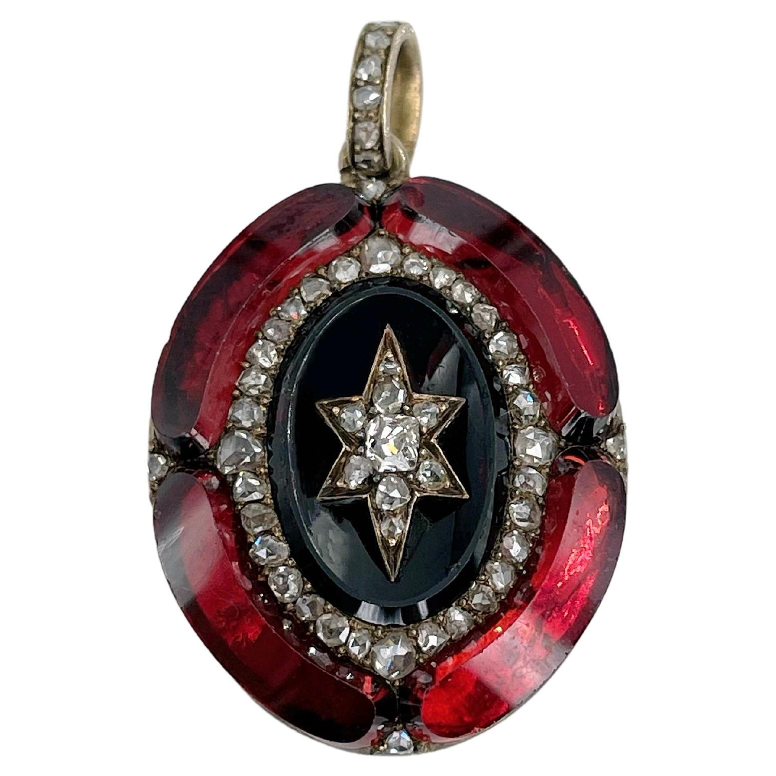 Victorian 18 Karat Gold Rose Cut Diamond Garnet Star Motif Oval Pendant