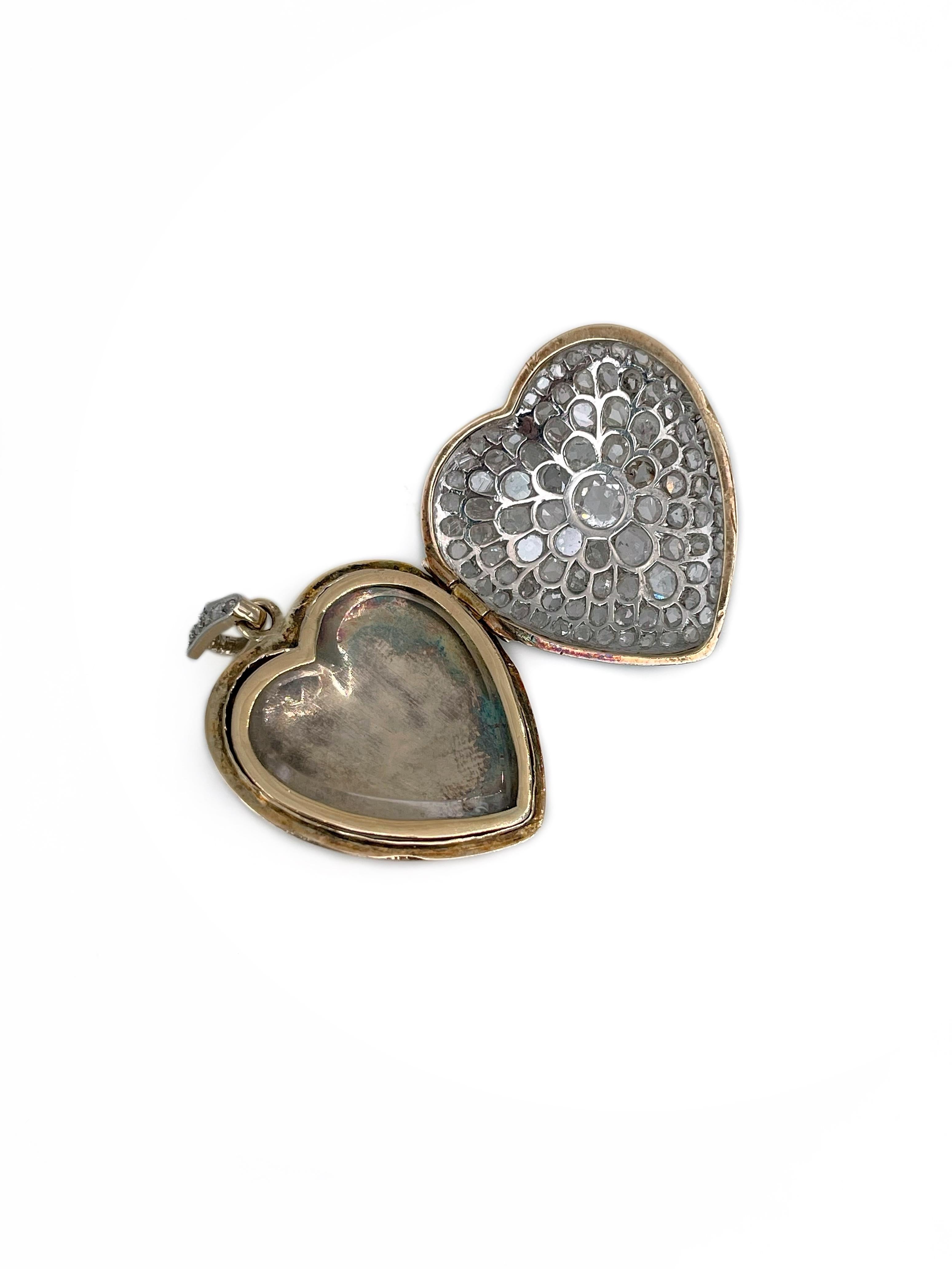 Victorian 18 Karat Gold Rose Cut Diamond Heart Shape Locket Pendant In Good Condition In Vilnius, LT