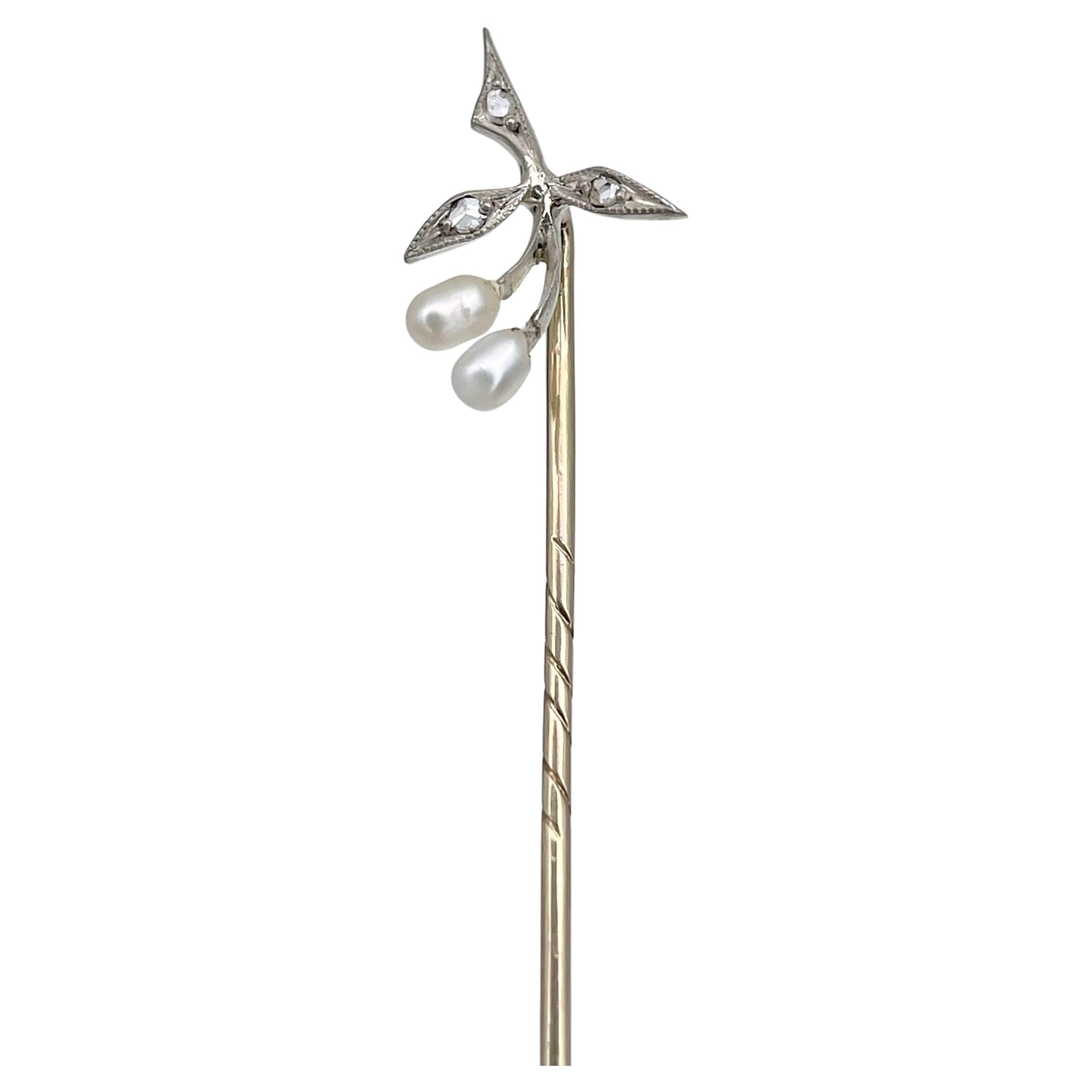 Victorian 18 Karat Gold Rose Cut Diamond Pearl Floral Motif Stick Pin Brooch