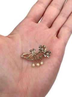 Viktorianische 18 Karat Gold Rose Cut Diamond Pearl Floral Pin Brosche
