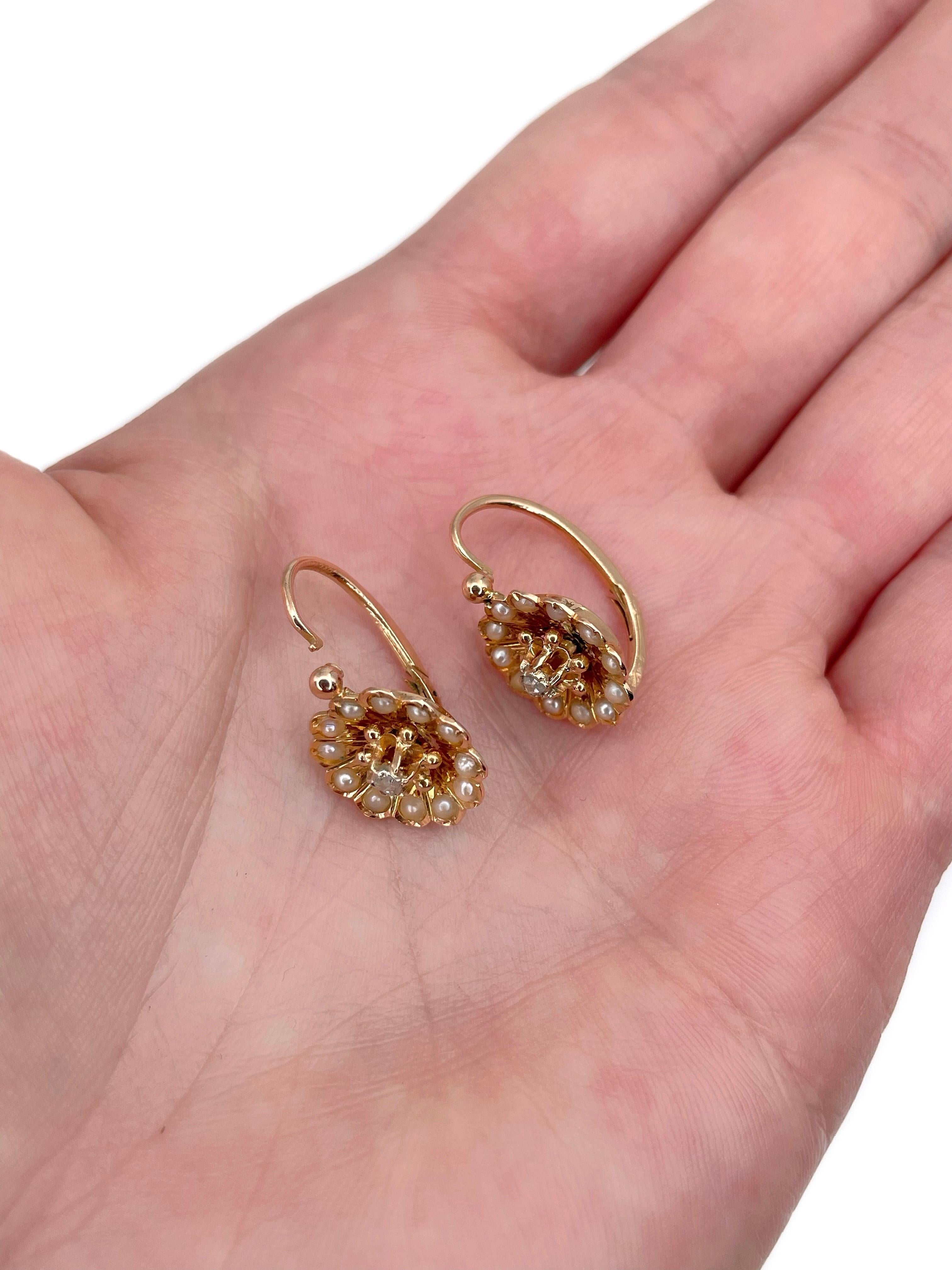 Victorian 18 Karat Gold Rose Cut Diamond Pearl Front Fastening Cluster Earrings In Good Condition In Vilnius, Vilniaus apskr.