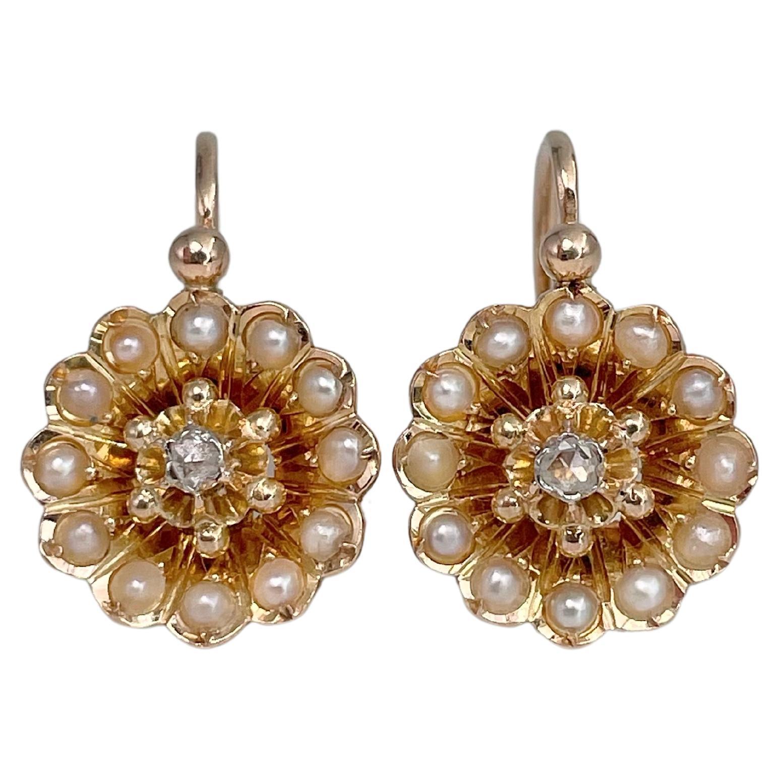 Victorian 18 Karat Gold Rose Cut Diamond Pearl Front Fastening Cluster Earrings
