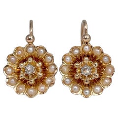 Antique Victorian 18 Karat Gold Rose Cut Diamond Pearl Front Fastening Cluster Earrings