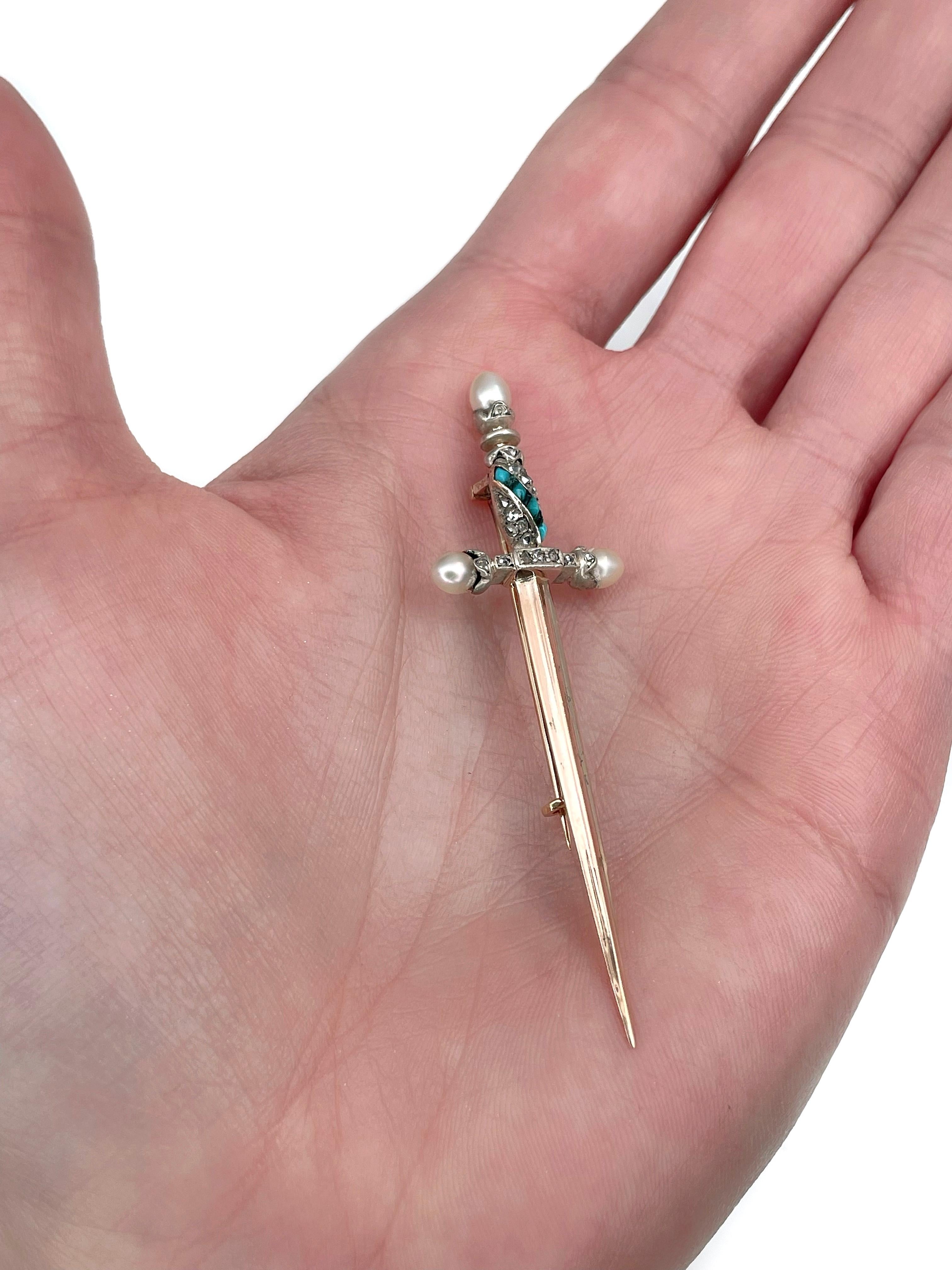 This is a Victorian bejewelled sword pin brooch. It is crafted in 18K gold. Circa 1890.

The piece features rose cut diamonds, pearls and turquoises. 

Has a C clasp. 

Weight: 4.52g
Size: 6.5x2cm

———

If you have any questions, please feel free to