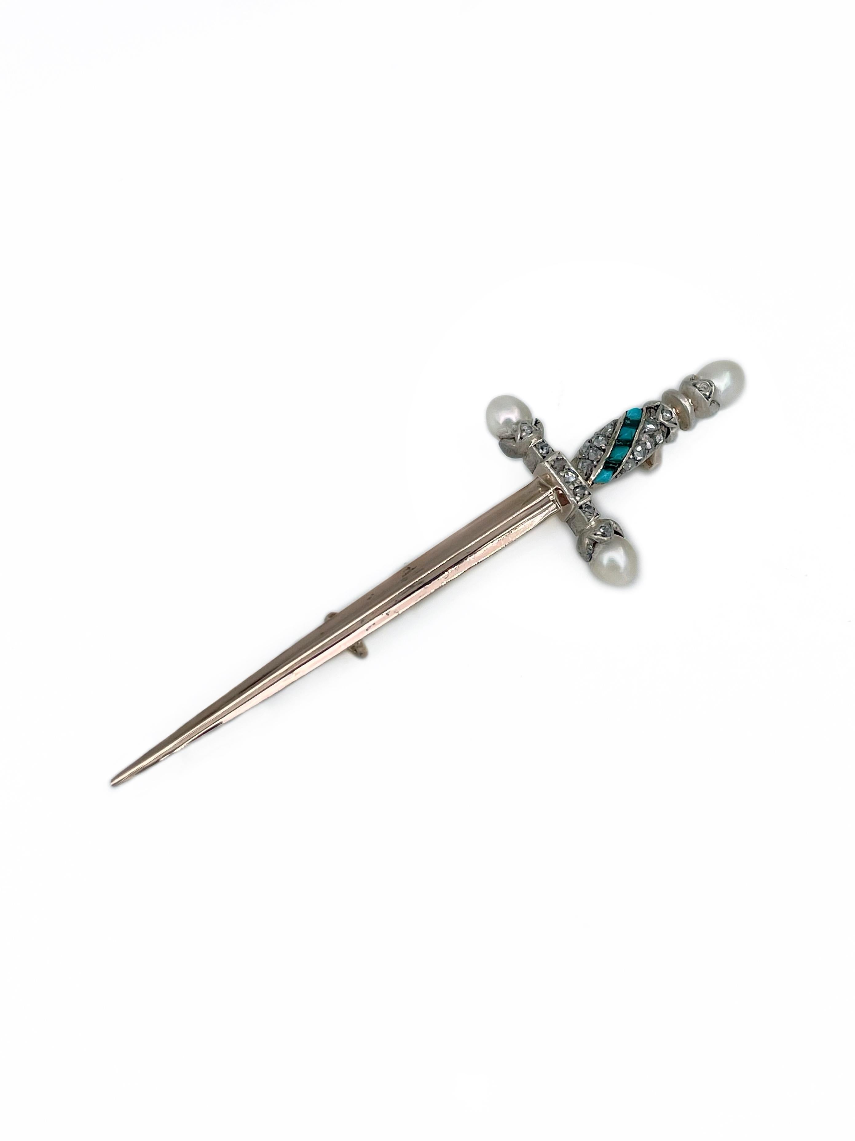 Mixed Cut Victorian 18 Karat Gold Rose Cut Diamond Pearl Turquoise Sword Pin Brooch