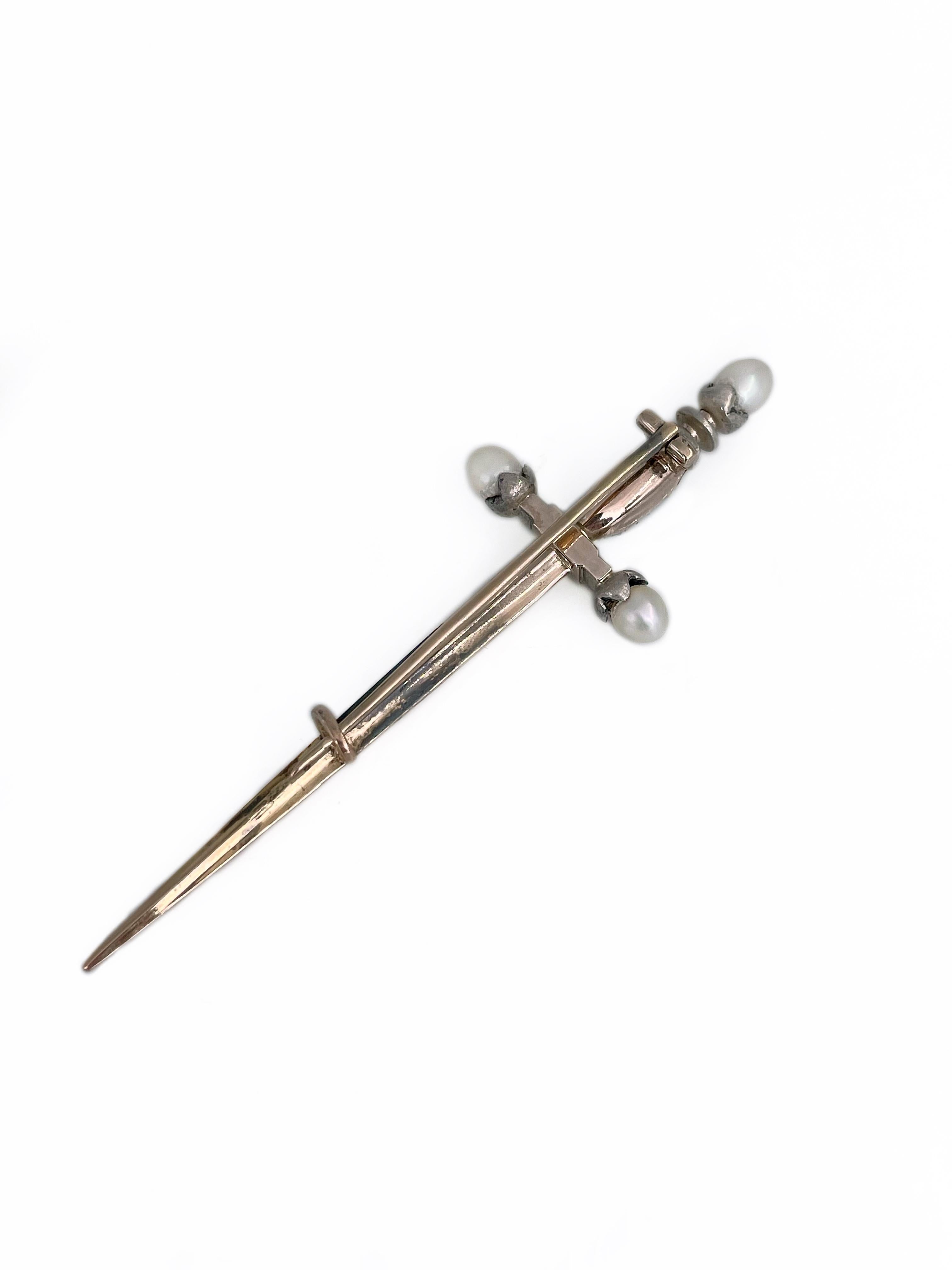 Victorian 18 Karat Gold Rose Cut Diamond Pearl Turquoise Sword Pin Brooch In Good Condition In Vilnius, LT