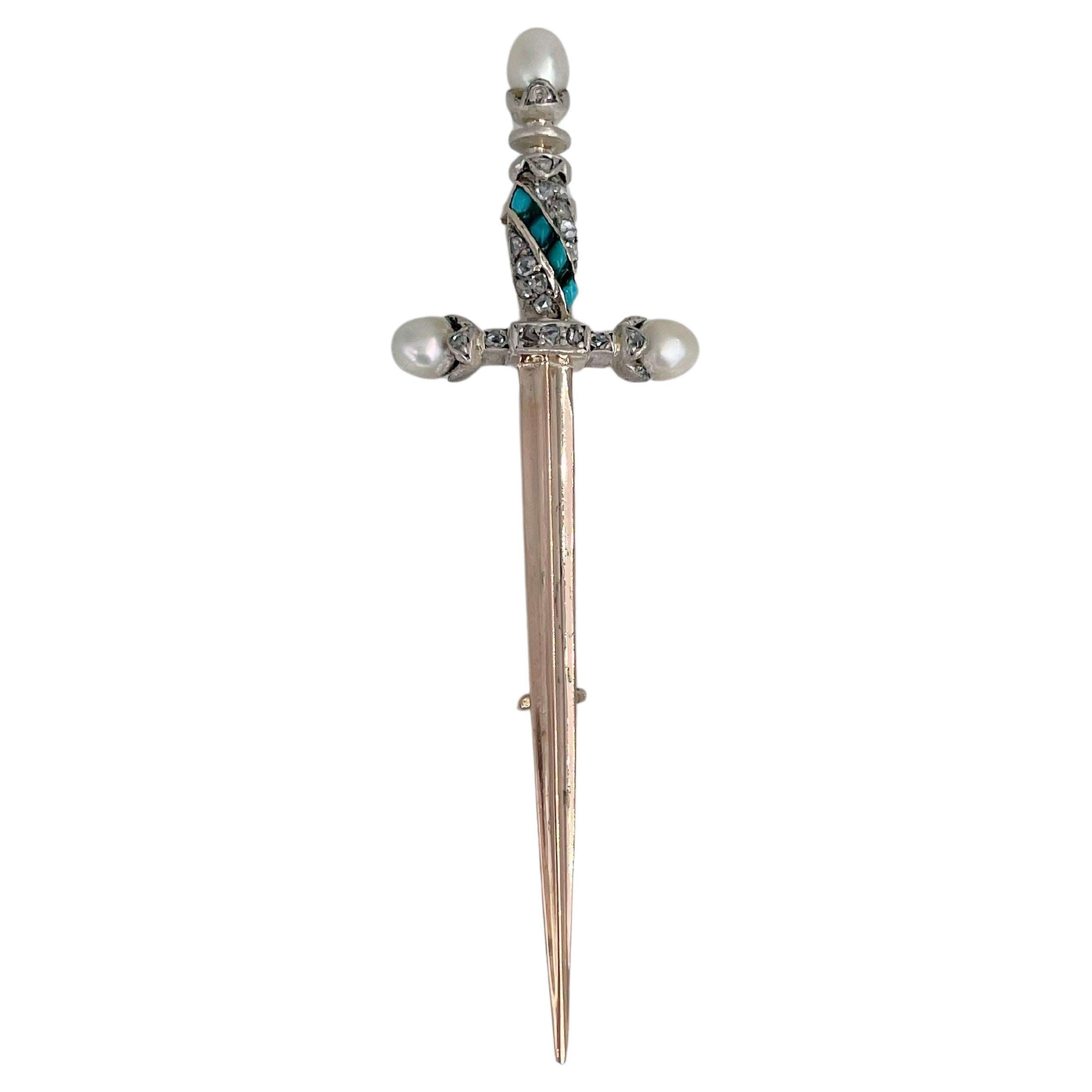 Victorian 18 Karat Gold Rose Cut Diamond Pearl Turquoise Sword Pin Brooch