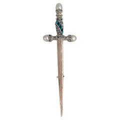 Retro Victorian 18 Karat Gold Rose Cut Diamond Pearl Turquoise Sword Pin Brooch