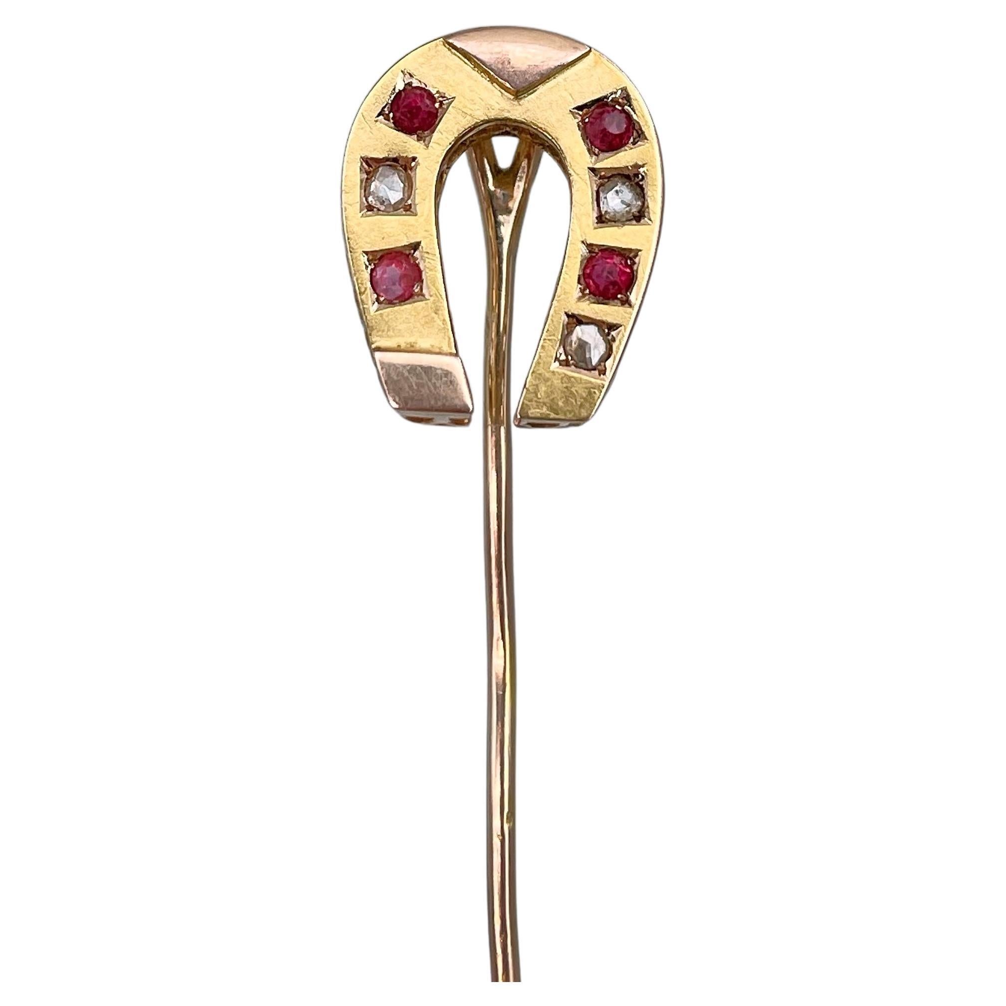 Victorian 18 Karat Gold Rose Cut Diamond Red Paste Horseshoe Stick Pin Brooch For Sale