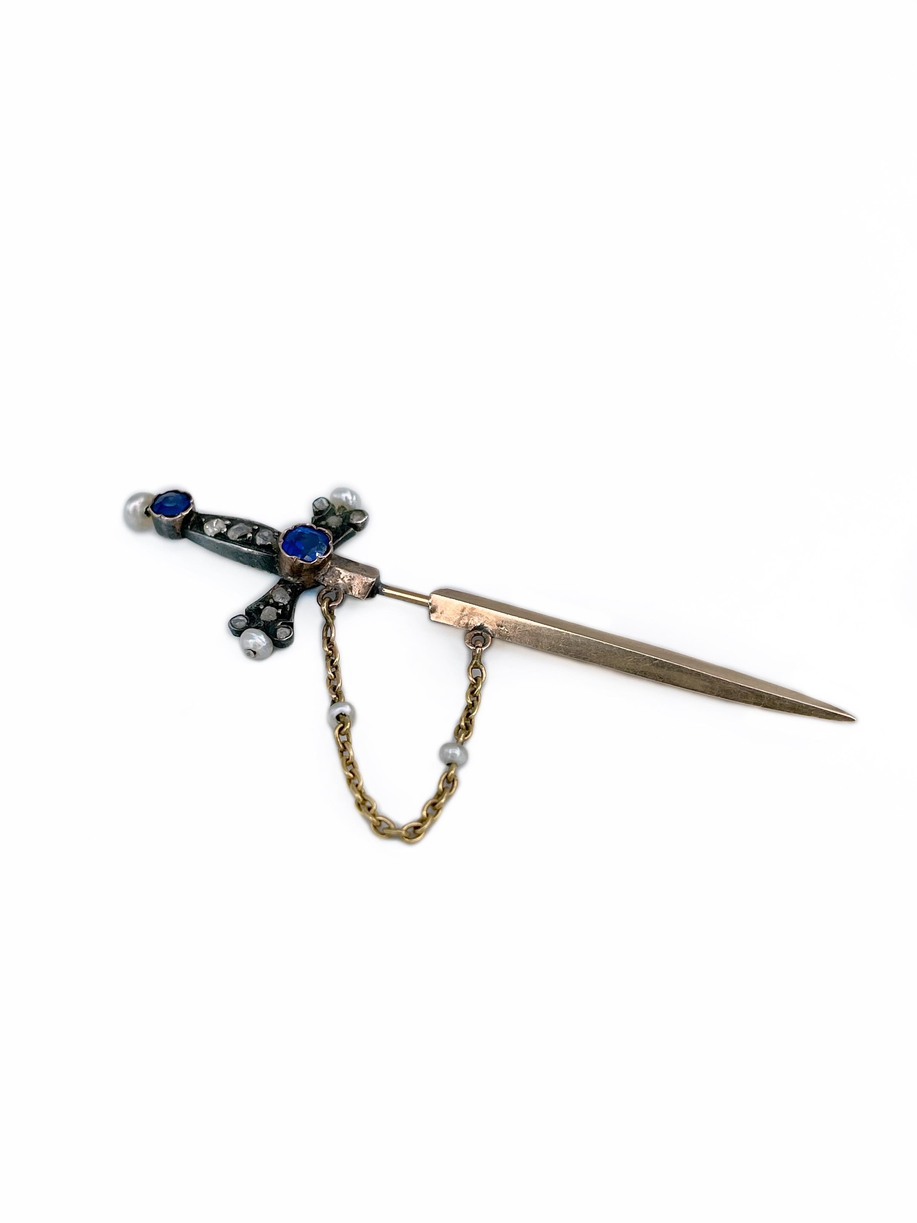 Victorian 18 Karat Gold Rose Cut Diamond Seed Pearl Jabot Sword Stick Pin Brooch In Good Condition In Vilnius, LT