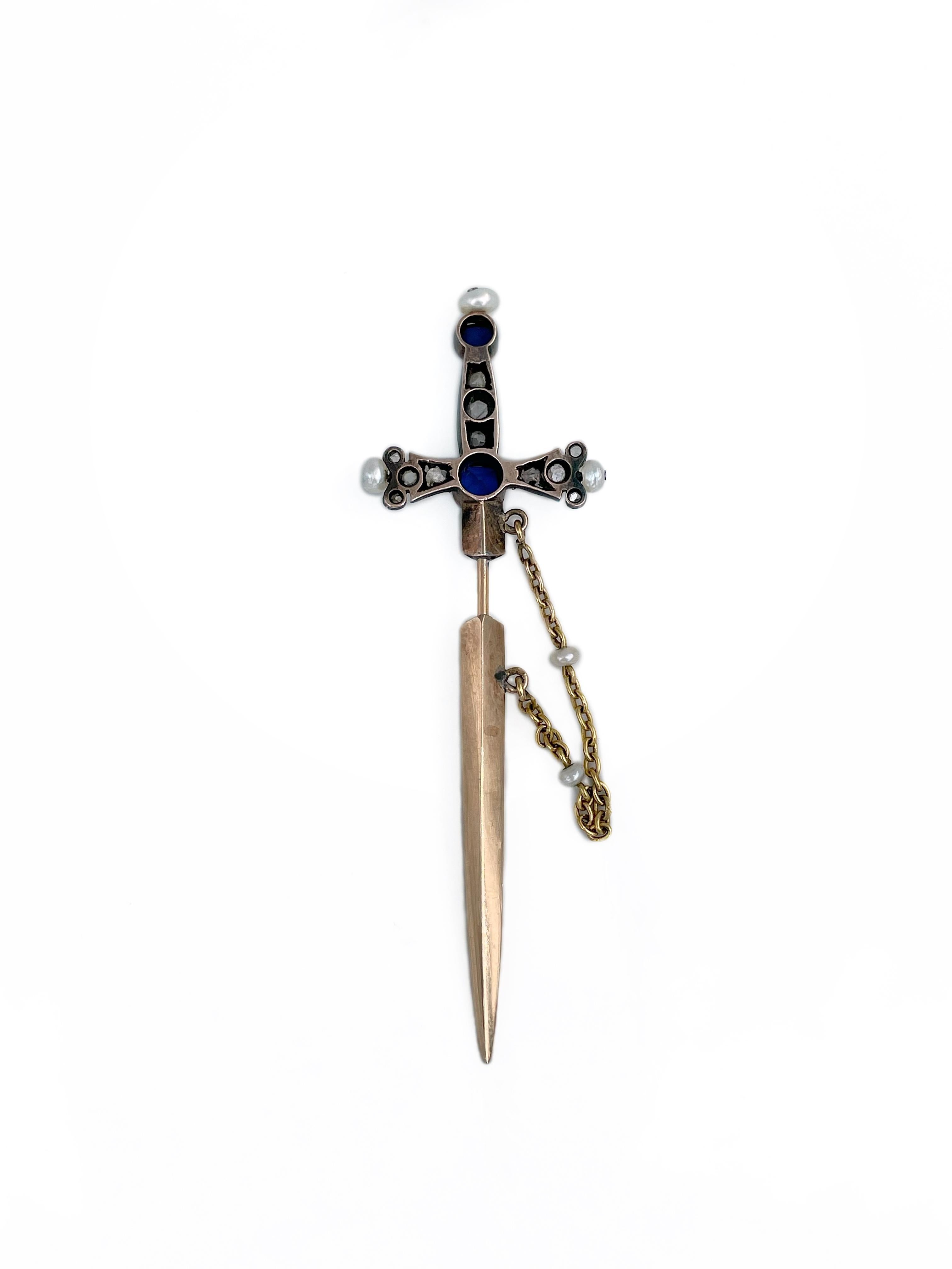 Women's or Men's Victorian 18 Karat Gold Rose Cut Diamond Seed Pearl Jabot Sword Stick Pin Brooch