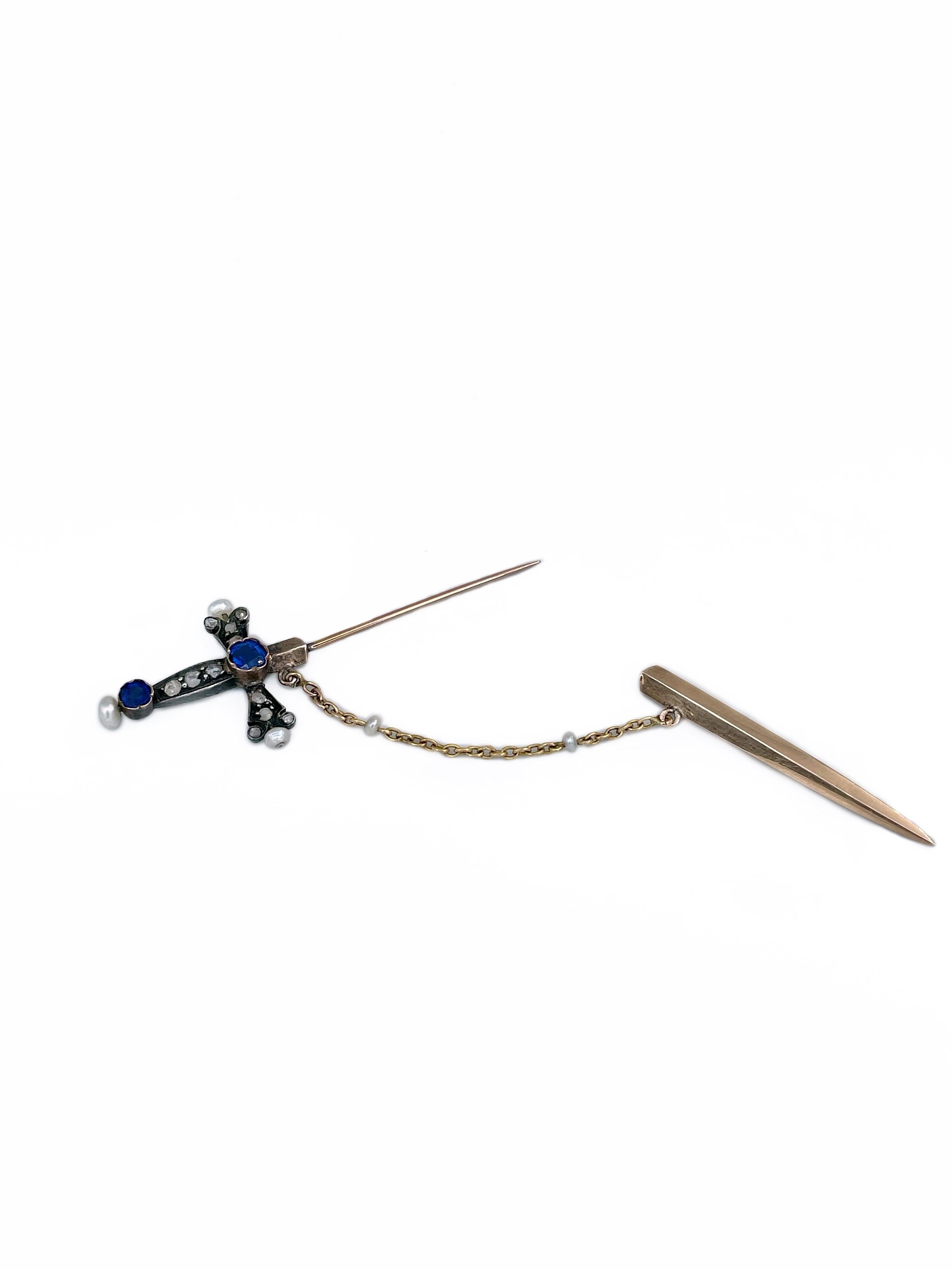 Victorian 18 Karat Gold Rose Cut Diamond Seed Pearl Jabot Sword Stick Pin Brooch 1