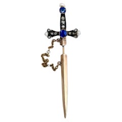 Viktorianische 18 Karat Gold Rose Cut Diamond Seed Pearl Jabot Schwert Stick Pin Brosche