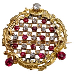 Victorian 18 Karat Gold Rose Cut Diamond Spinel Openwork Round Pin Brooch