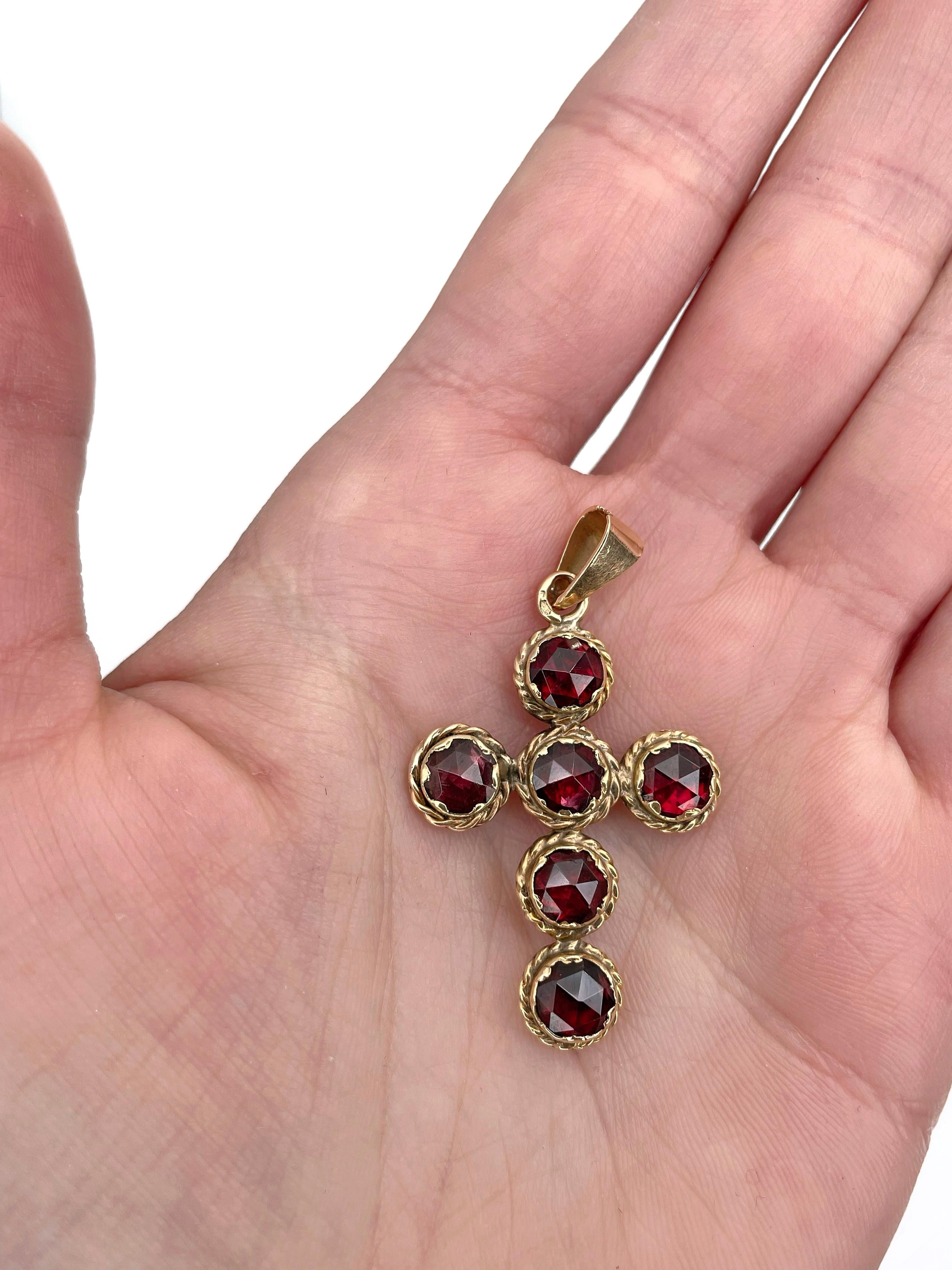 Victorien Pendentif croix victorien en or 14 carats avec grenat rouge taillé en rose en vente