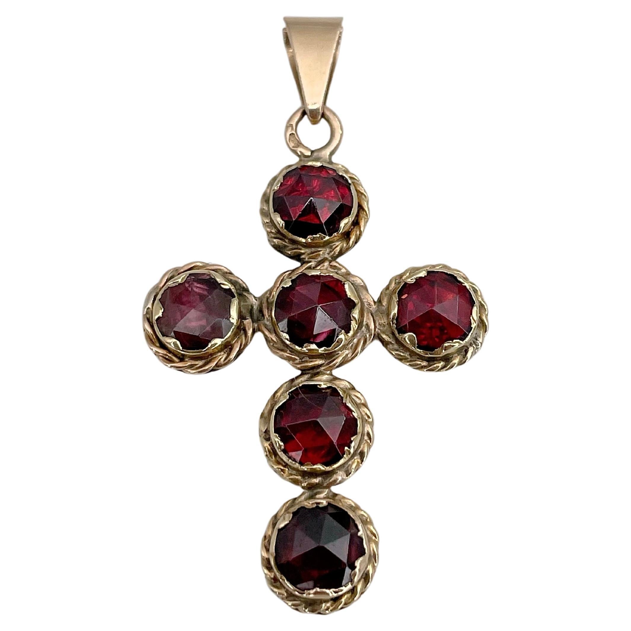 Victorian 14 Karat Gold Rose Cut Red Garnet Cross Pendant For Sale