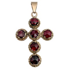 Used Victorian 14 Karat Gold Rose Cut Red Garnet Cross Pendant