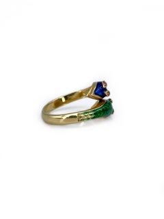 Mid Century 18 Karat Gold Ruby Blue Green Guilloche Enamel Double Snake Ring
