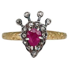 Bague victorienne en or 18 carats, rubis, diamants taillés en rose, couronne de cœur