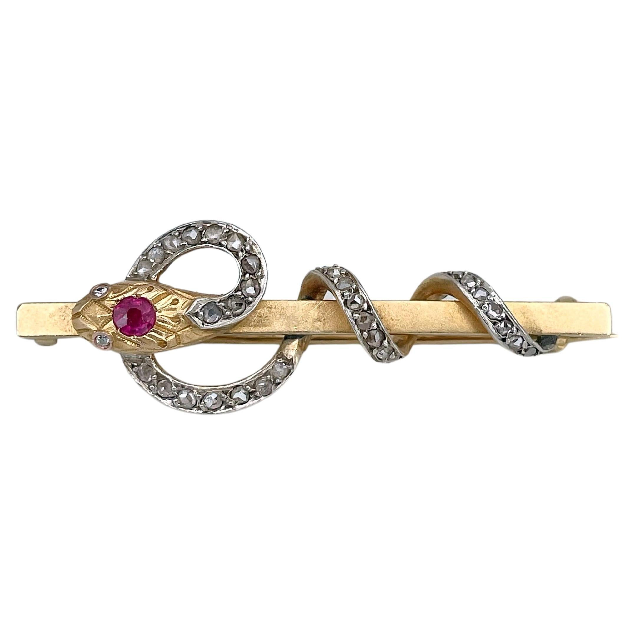 Victorian 18 Karat Gold Ruby Rose Cut Diamond Snake Bar Brooch For Sale