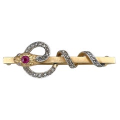 Antique Victorian 18 Karat Gold Ruby Rose Cut Diamond Snake Bar Brooch