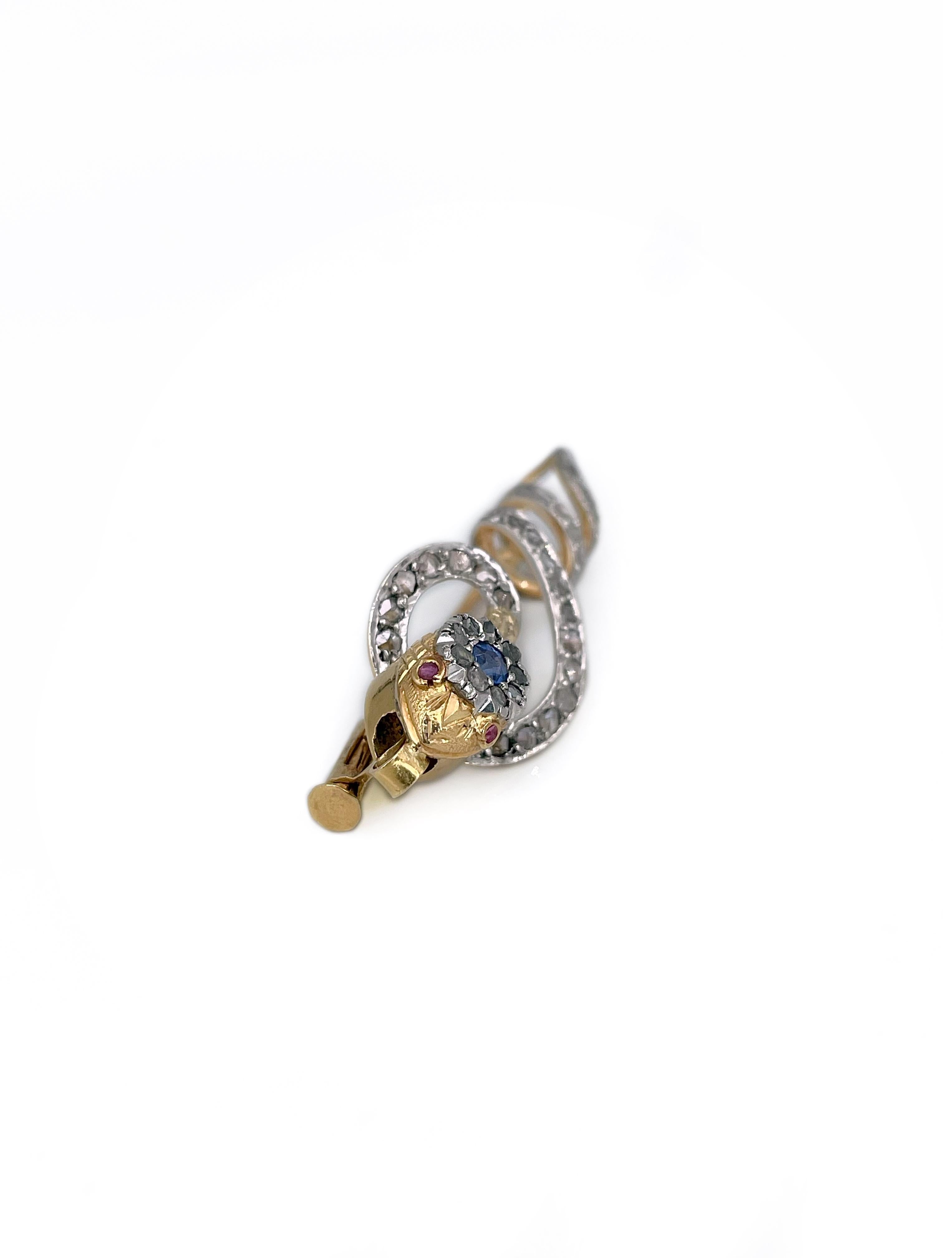 Viktorianische 14 Karat Gold 0,02 Karat Rubin 0,25 Karat Diamant Schlange Pin Brosche (Rosenschliff) im Angebot