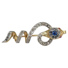 Victorian 18 Karat Gold Ruby Rose Cut Diamond Snake Pin Brooch