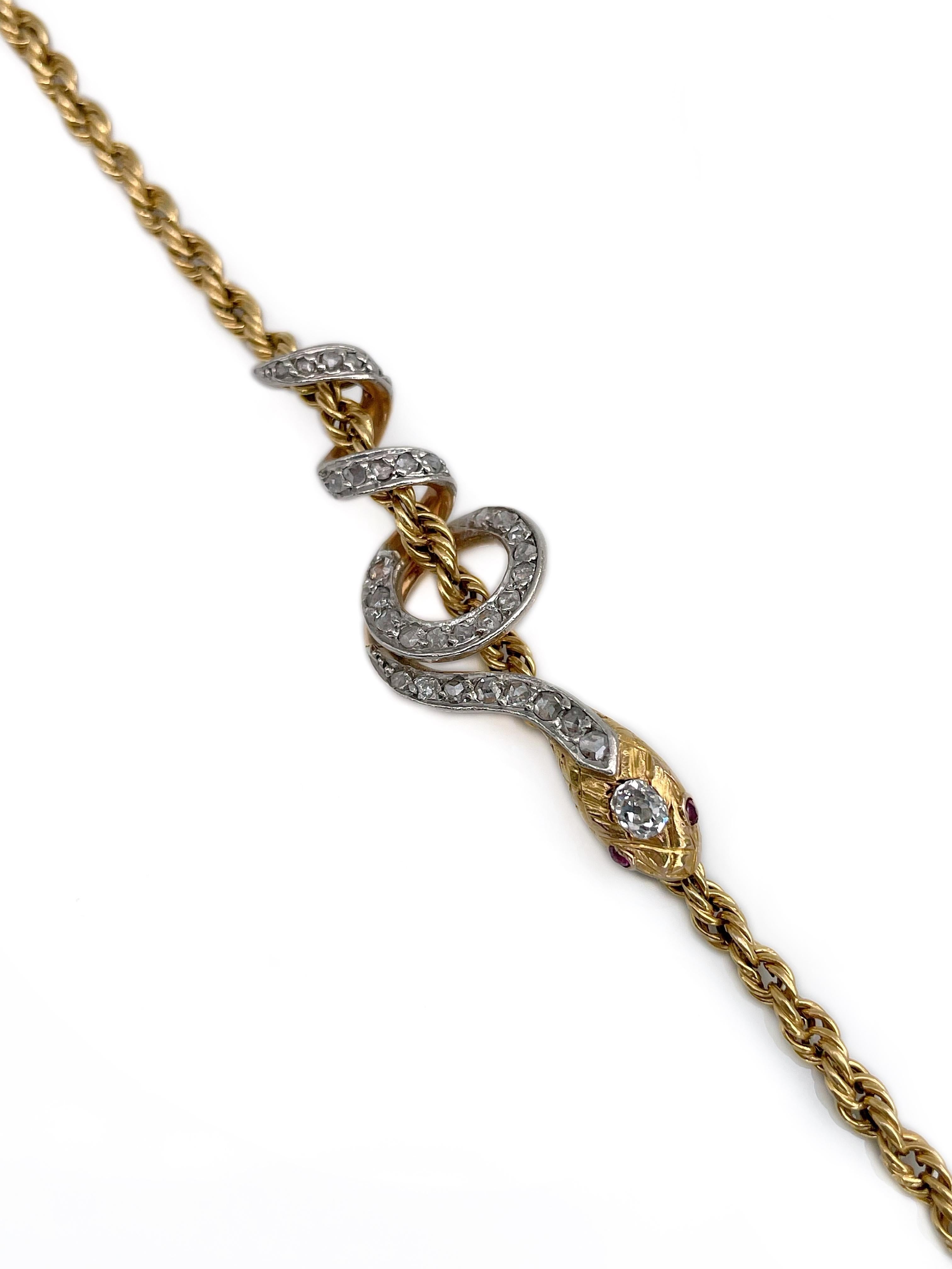It is a Victorian snake slider pendant with a chain crafted in 18K yellow gold. Circa 1890. 

The piece features rubies, old mine and rose cut diamonds.

Weight: 10.87g
Pendant length: 4cm
Chain length: 51cm

———

If you have any questions, please
