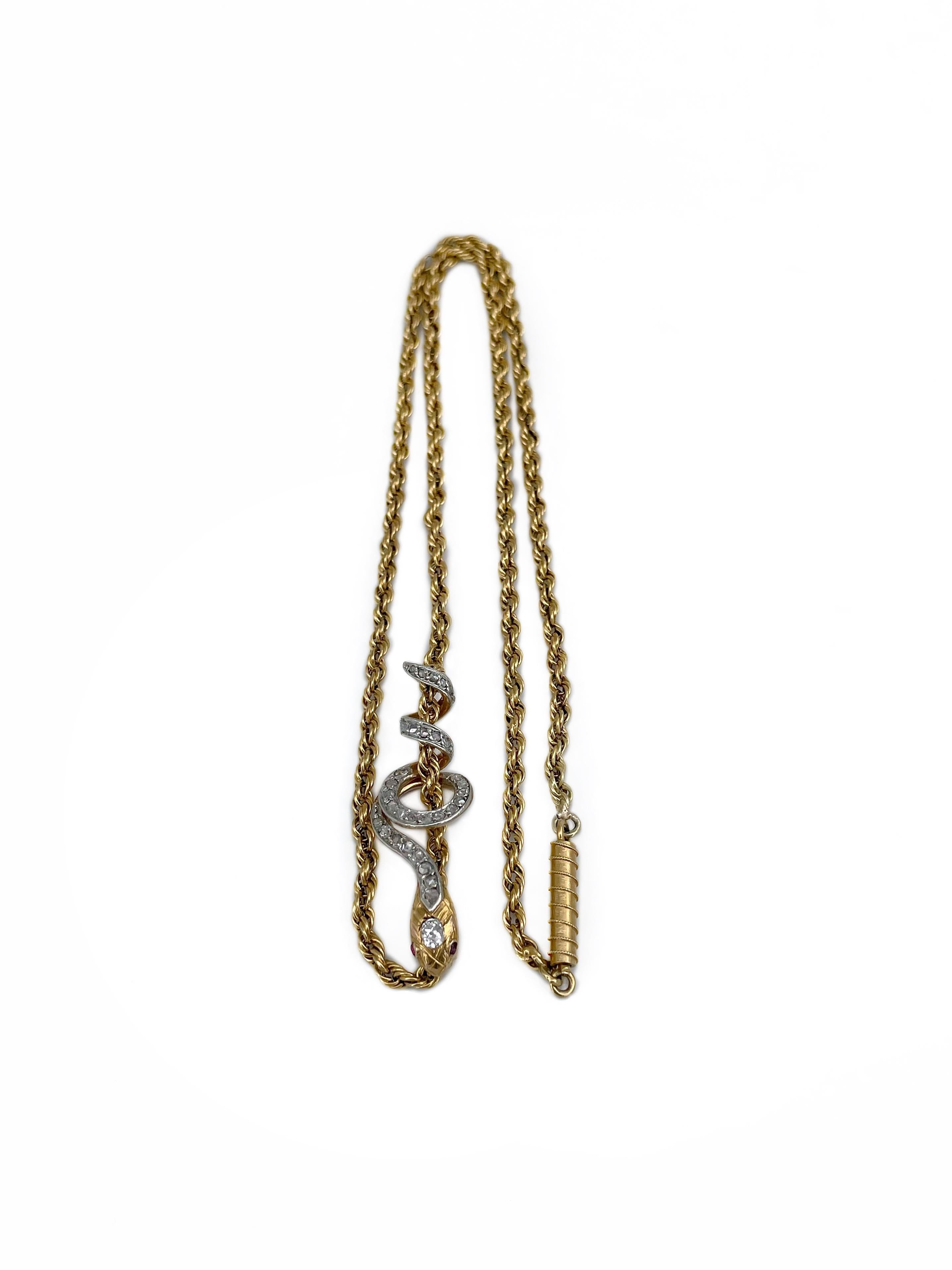 Victorian 18 Karat Gold Ruby Rose Cut Diamond Snake Slider Pendant Necklace In Good Condition In Vilnius, LT