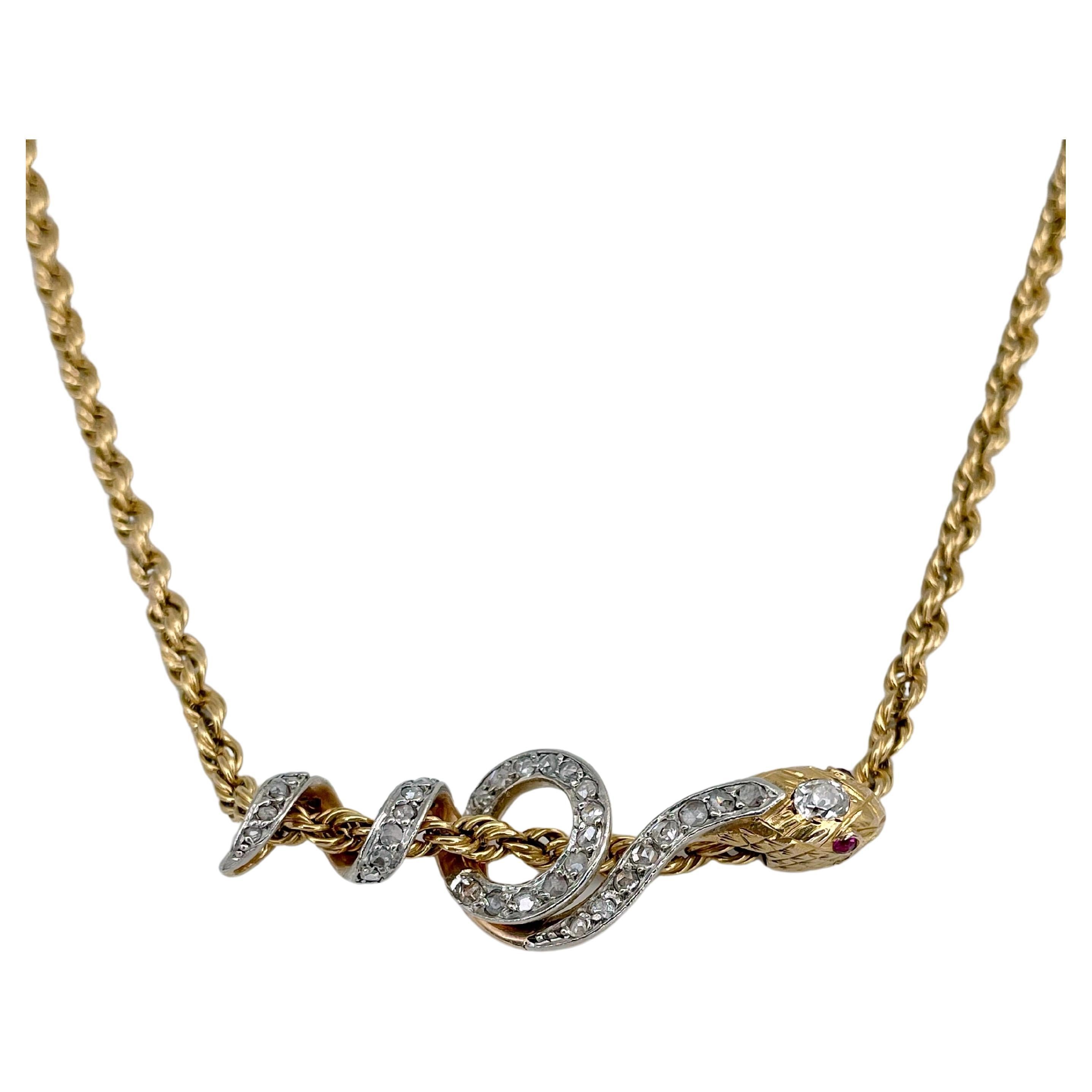 Victorian 18 Karat Gold Ruby Rose Cut Diamond Snake Slider Pendant Necklace