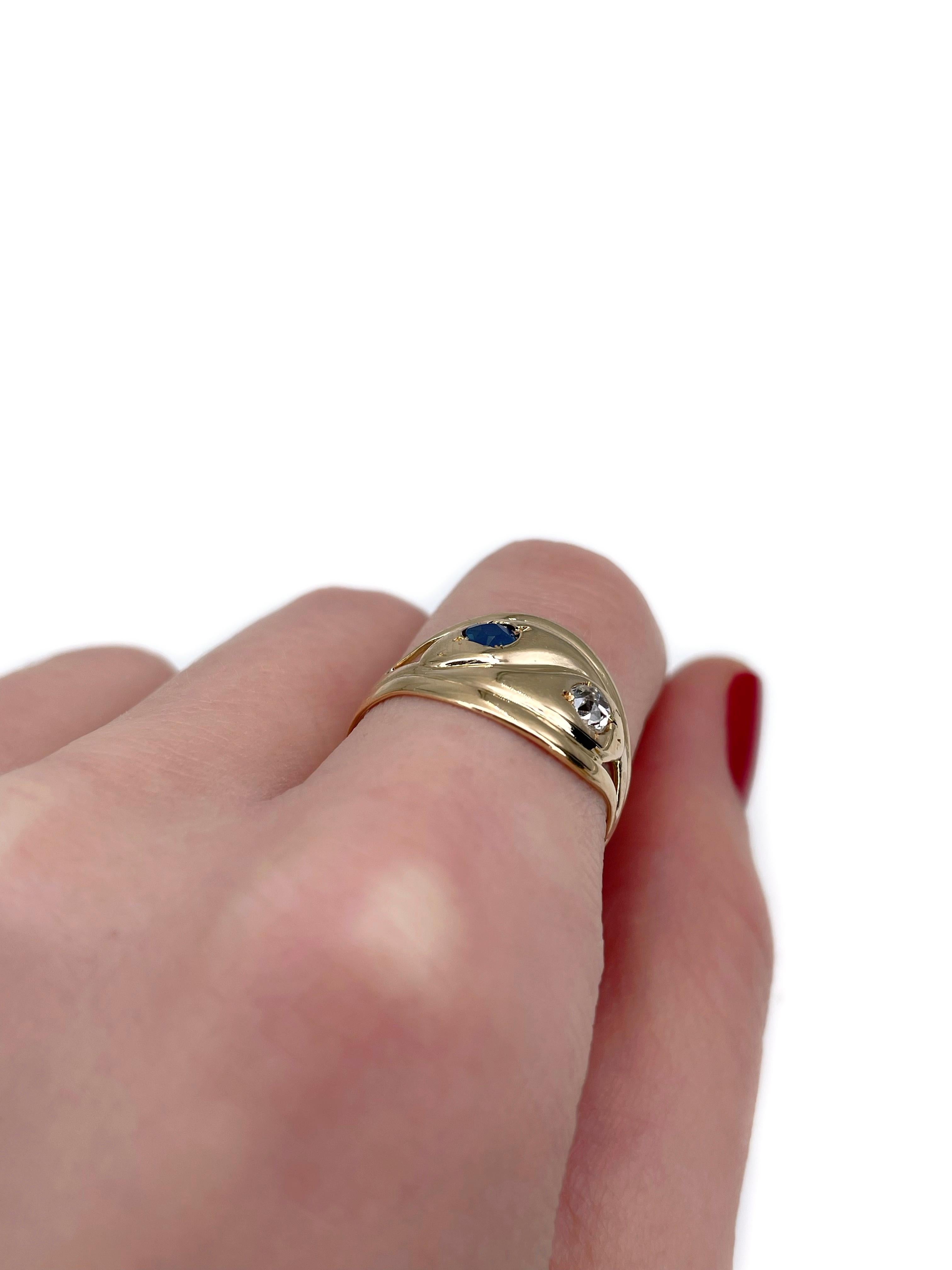 Mixed Cut Victorian 14 Karat Gold 0.22 Carat Sapphire 0.20 Carat Diamond Double Snake Ring For Sale